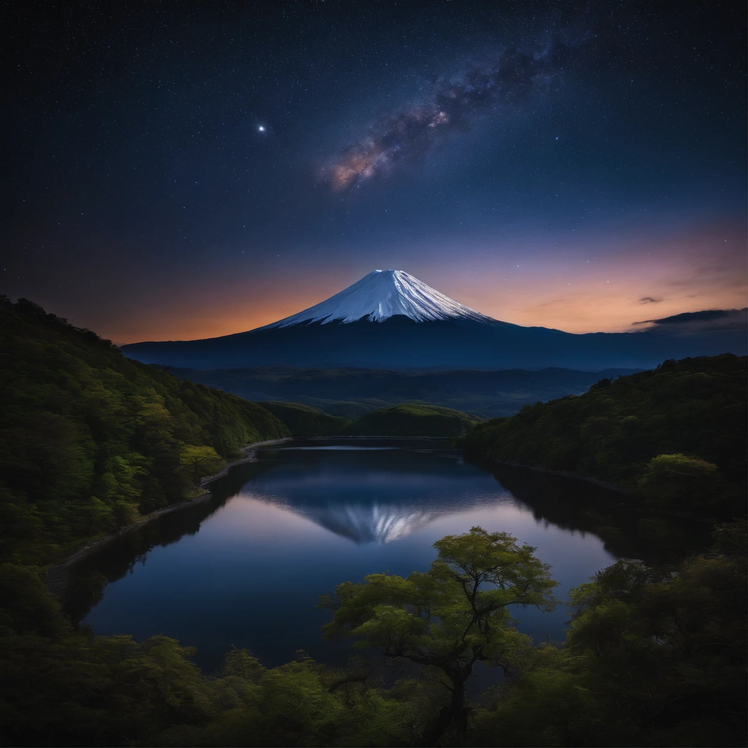 Master Parts、Superior Quality、superior image quality、The 8k quality、、Beautiful pictures of the starry sky、magnifica、Arched Milky Way:1.9、Mt fuji、lake、Valley