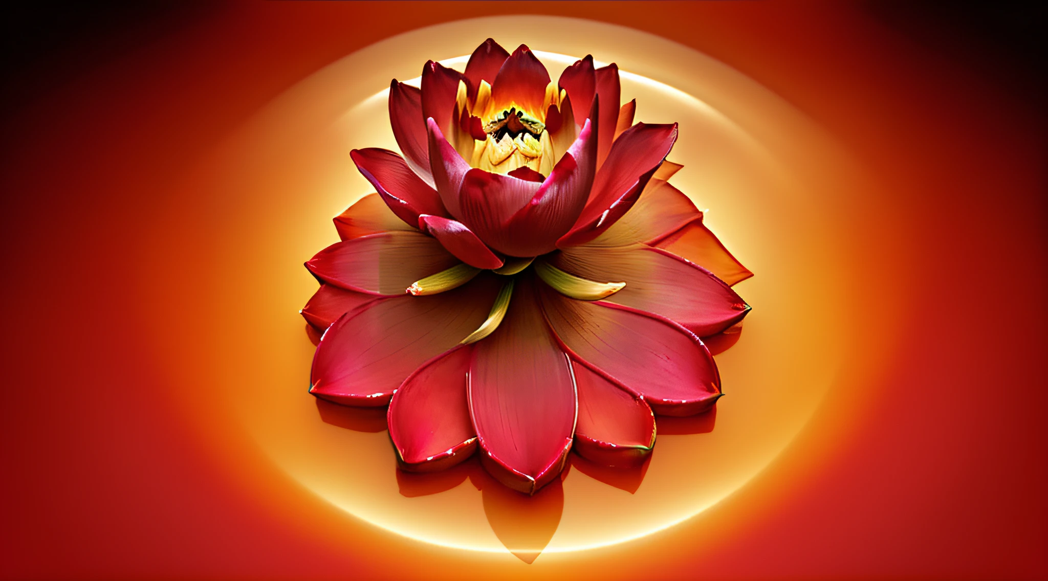 Enlightened mind, Red tones from orange to gold. About the rainbow color lotus flower, And float on transparency, Transparent water, Gold gradient background with light transparency. Golden energy flowed out of the flower core.