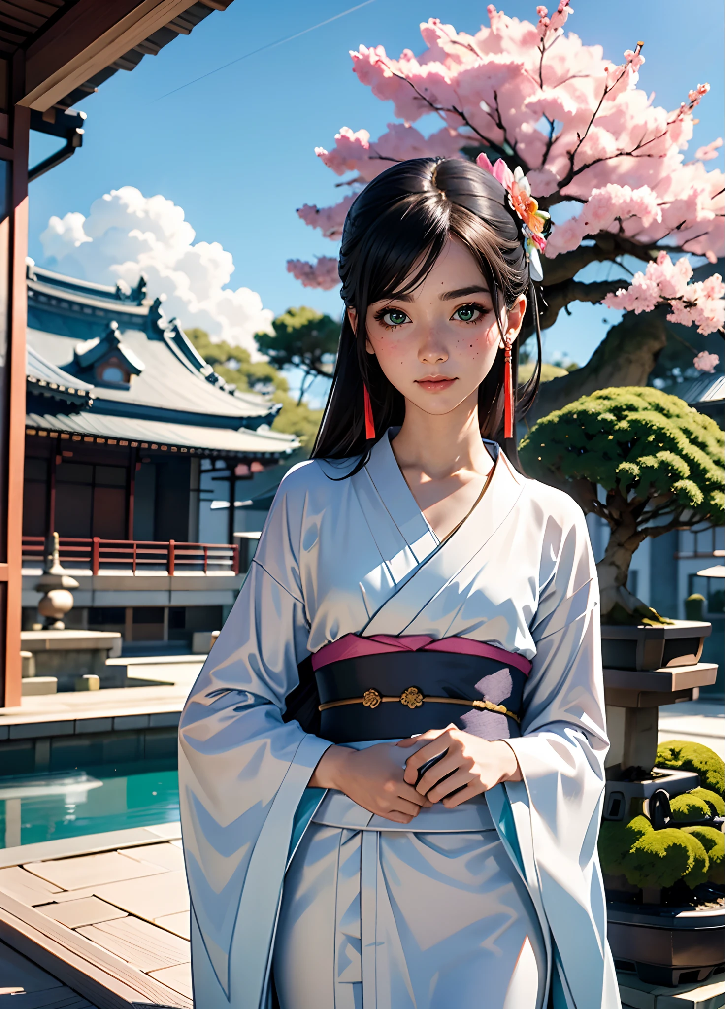 breathtaking, seductive pose, (mystical), (portrait of geisha girl relaxing in fantasy fairytale dreamscape world), (white pale skin:1.1), (wearing see through colorful kimono), (modestly dressed), sexy, (see through:1.2), long sleeve, slim body, (small breasts), epic, (city of japanese temple, pandora world), fantasy, fairytale, highly detailed, no bra, (house of gods, bonsai garden, mount of bonsai tree), bueatiful sky, 45mm f1.8, elegant delicate beautiful, full of sakura, shiny, surrounded by nucolored butterfly, award-winning, professional, highly detailed