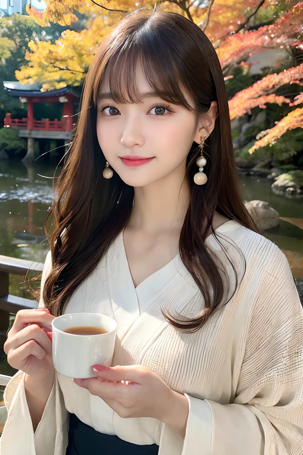 (A hyper-realistic), (illustratio), (hight resolution), (8K), (ighly detailed), (The best illustrations), (Beautiful detailed eyes), (top-quality), (ultra-detailliert), (masterpiece), (wall-paper), (详细的脸), (beautiful smiling face)、(beautiful countenance)、long、Earrings with bangs、独奏、(((Cute Japan Beautiful Girl)))、 Japan beautiful adult girl 25 years old))、 ((Baby face))、(((D Cup Big)))agitation、real looking skin、Hair fluttering in the wind、date、date、Date Clothes、Autumn clothes、autumnal、Colored leaves、Autumn foliage background、naturey、date、cute face、Adult beauty