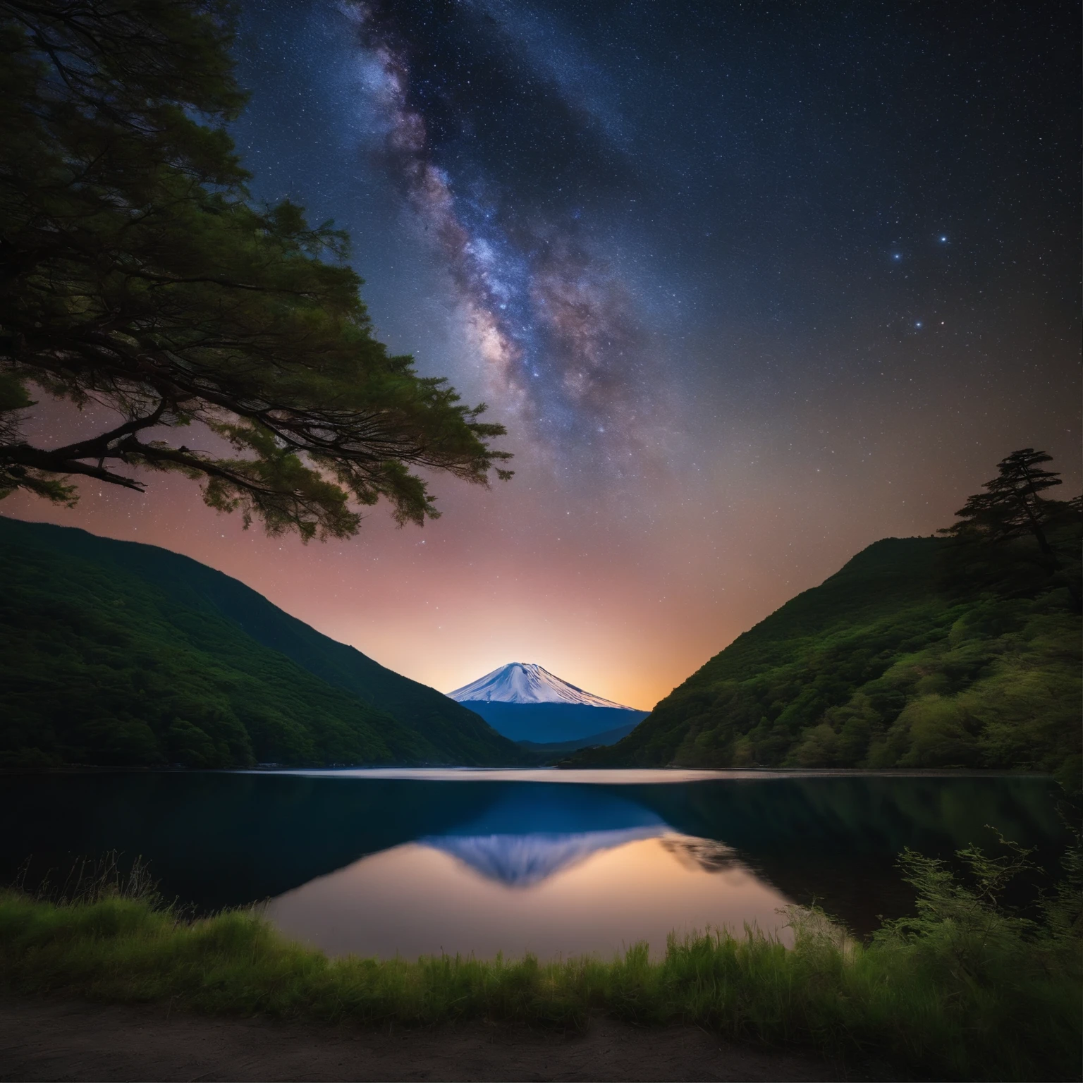 Master Parts、Superior Quality、superior image quality、The 8k quality、、Beautiful pictures of the starry sky、magnifica、Arched Milky Way:1.9、Mt fuji、lake、Valley
