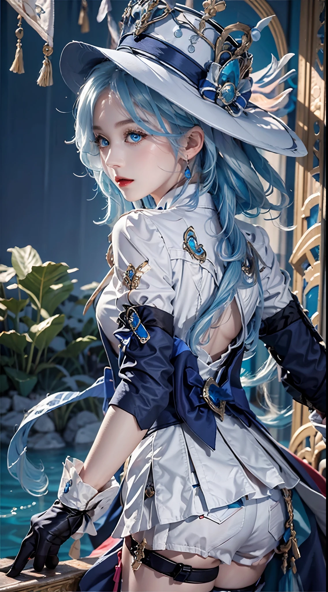 photography awards, masterpiece, blue hair, blue eyes, photorealistic, high resolution, soft light, brooch, waist bow, short shorts, blue suit, multicolored hair, white gloves, black gloves, white shirt, open clothes, water, underwater, ocean, single skirt hem, thigh strap, hat, back view