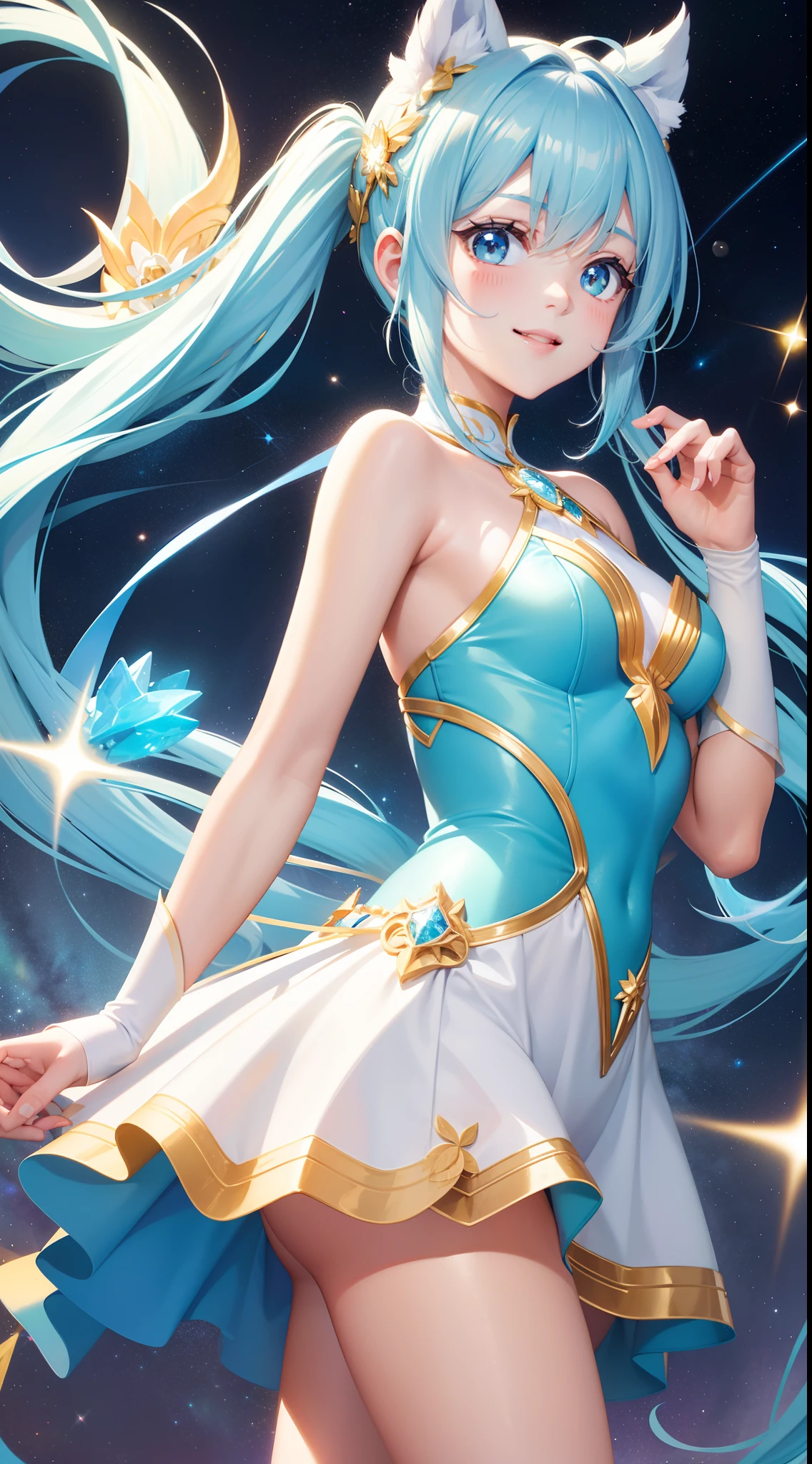 Super Idol　a beauty girl　A charming smile　sky blue hair　length hair　Twin-tailed　Bright white and yellow bright leotard outfit　Fantasia　constellation　a moon　Crystal Brilliance　Aurora Borealis in the Night Sky