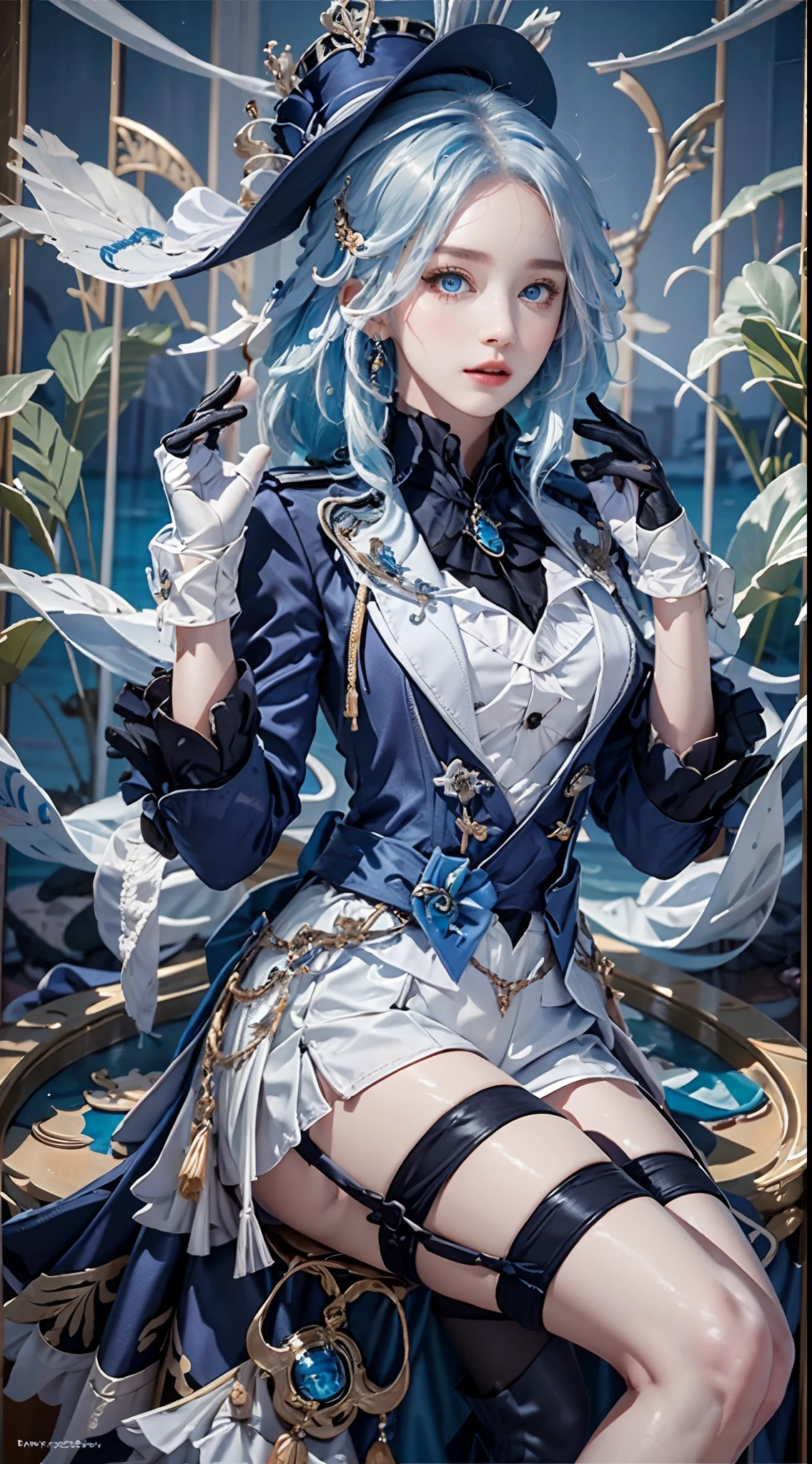 photography awards, masterpiece, blue hair, blue eyes, photorealistic, high resolution, soft light, brooch, waist bow, short shorts, blue suit, multicolored hair, white gloves, black gloves, white shirt, open clothes, water, underwater, ocean, single skirt hem, thigh strap, hat, back view