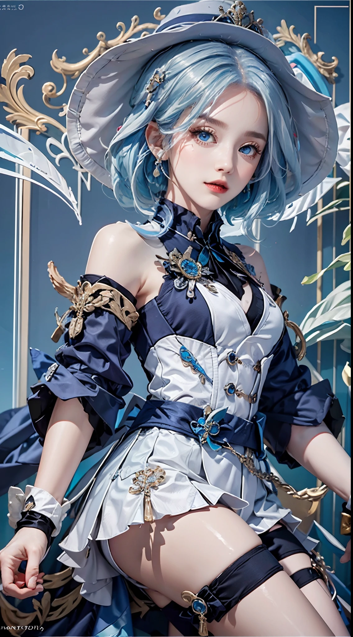 photography awards, masterpiece, blue hair, blue eyes, photorealistic, high resolution, soft light, brooch, waist bow, short shorts, blue suit, multicolored hair, white gloves, black gloves, white shirt, open clothes, water, underwater, ocean, single skirt hem, thigh strap, hat, back view