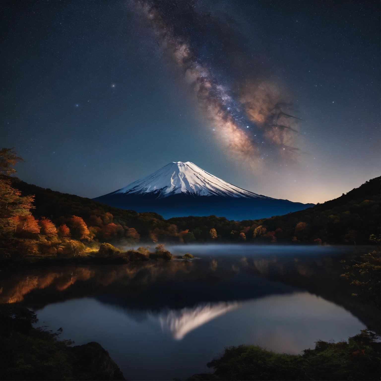 Master Parts、Superior Quality、superior image quality、The 8k quality、、Beautiful pictures of the starry sky、magnifica、Arched Milky Way:1.9、Mt fuji、lake、Valley