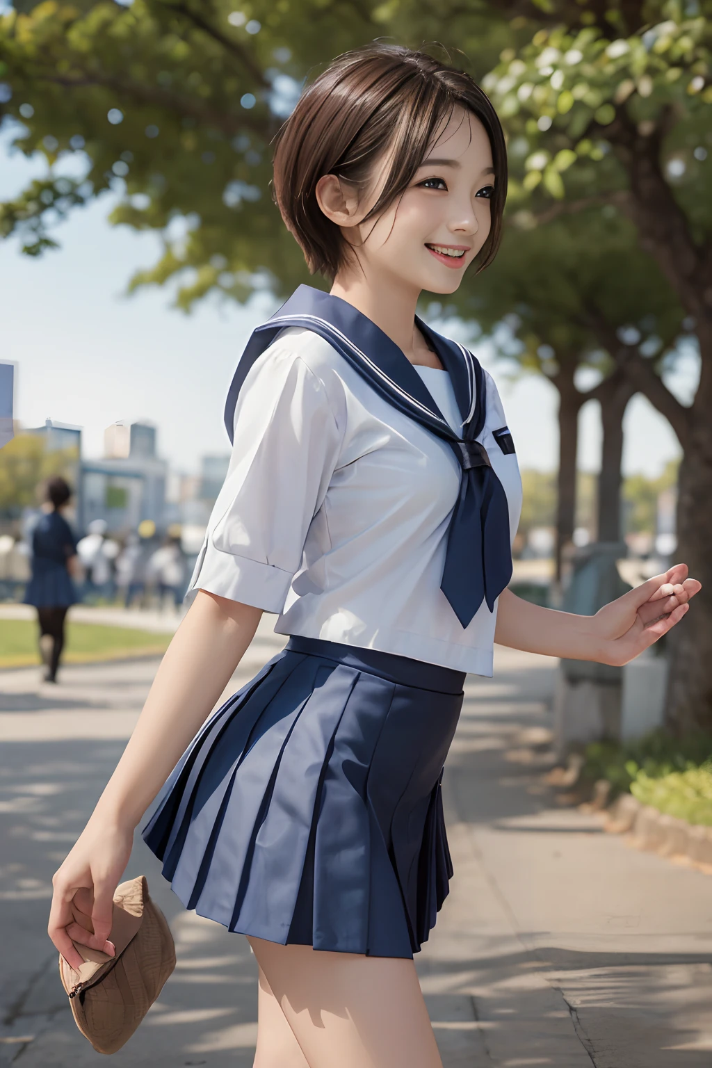 (masterpiece:2.0), (top-quality:2.0), (Ultra Mini Skirt Elementary School Girl Uniform:1.5), (View from the side:1.5), (sexypose:1.5), (blushed face:1.3), (barechested:1.3), (Spilling:1.4), (Realistic:1.5), 1 little girl, Precise little hands, Embarrassed look, lightsmile, a very pretty girl, Baby face, Clear eyes, Shining eyes, tiny chest, I can see the cleavage, buttocks visible, The crotch is visible, No pubic hair, Beautiful skins, ultra-definition, Top resolution, Japan High School Student, Brown hair, In the park、Smile full of happiness、((Looks happy:1.3))、Panting face、Lacking、Sweating、Expression in a state of excitement、short-hair、eye glass、