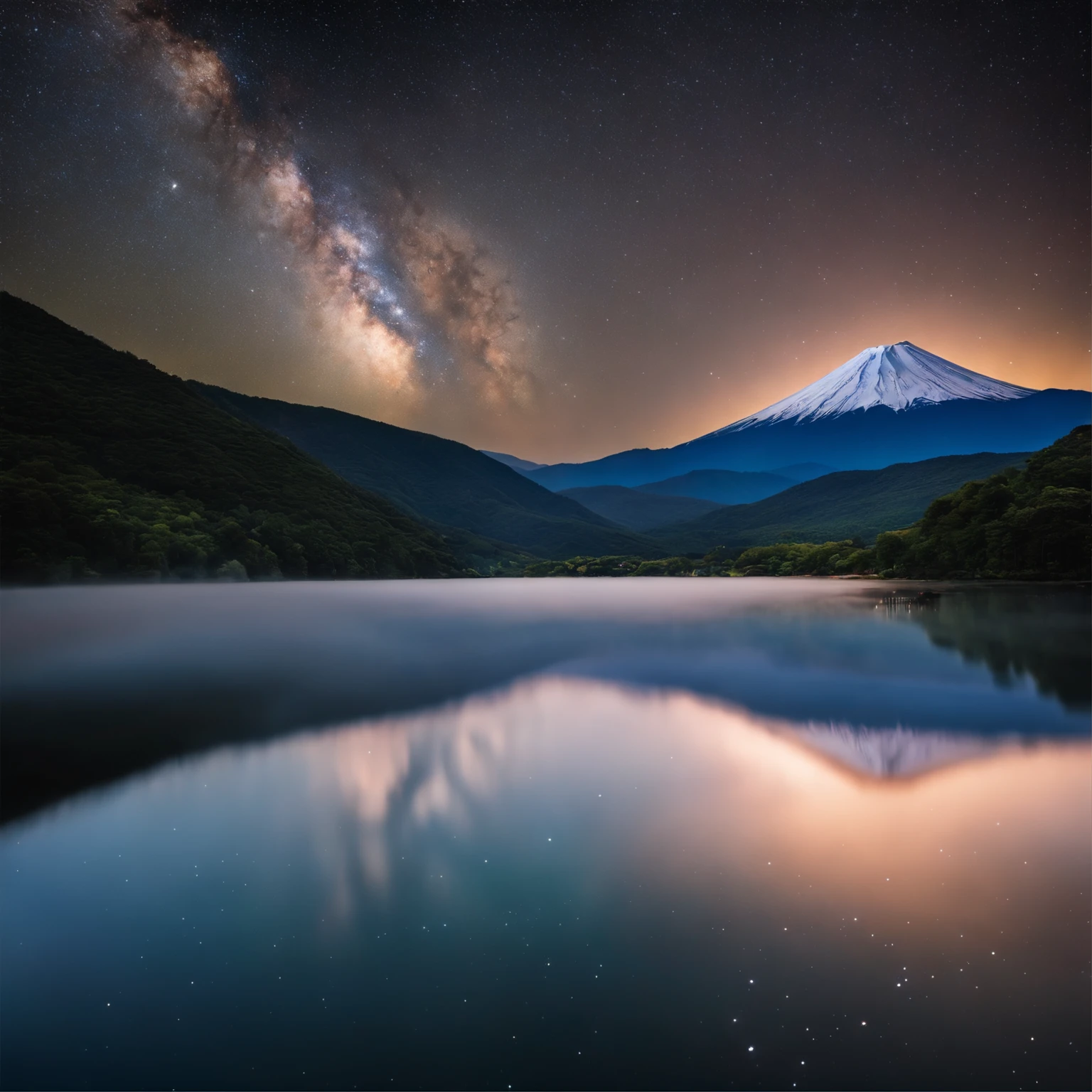 Master Parts、Superior Quality、superior image quality、The 8k quality、、Beautiful pictures of the starry sky、magnifica、Arched Milky Way:1.9、Mt fuji、lake、Valley