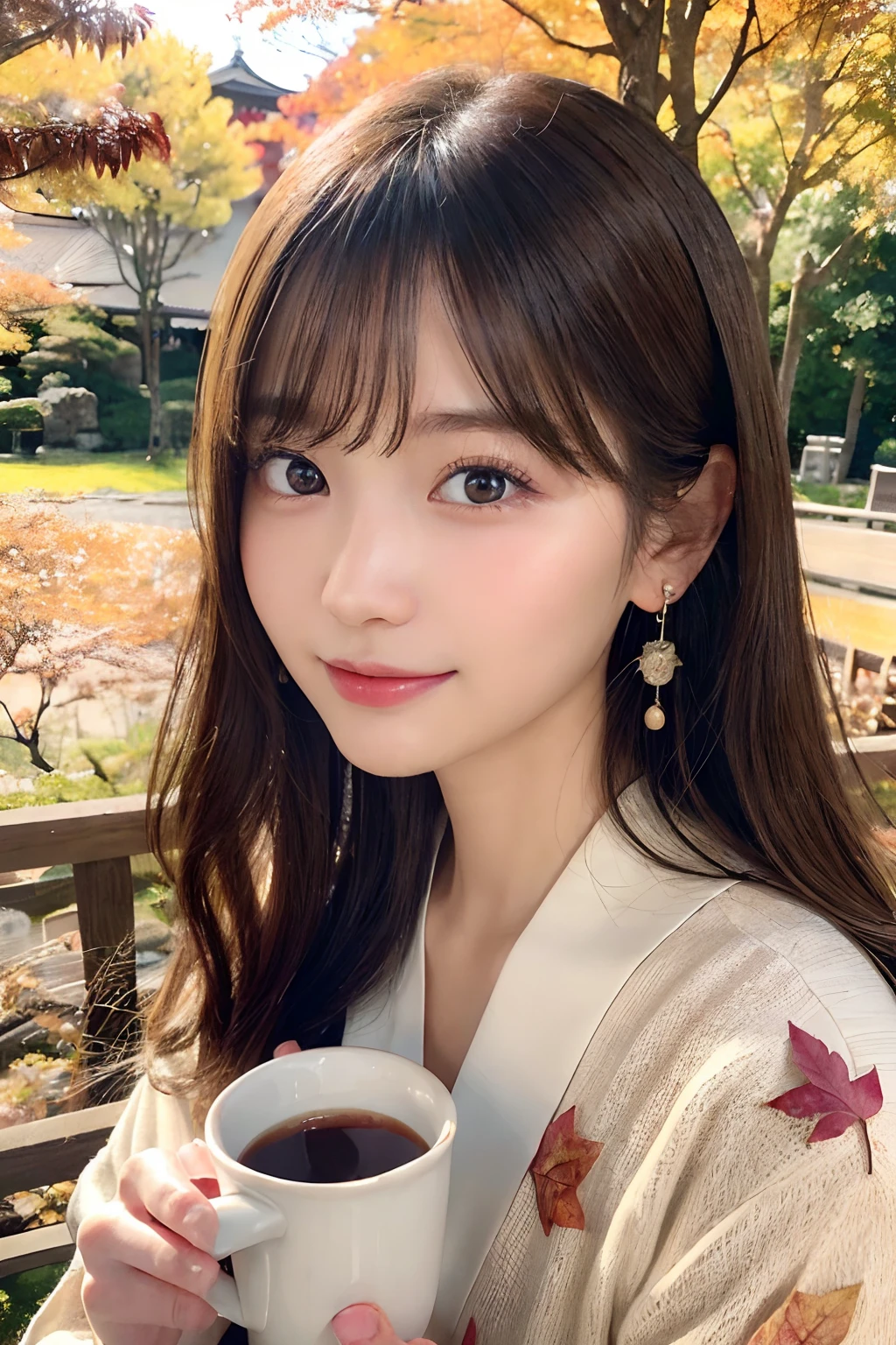 (A hyper-realistic), (illustratio), (hight resolution), (8K), (ighly detailed), (The best illustrations), (Beautiful detailed eyes), (top-quality), (ultra-detailliert), (masterpiece), (wall-paper), (详细的脸), (beautiful smiling face)、(beautiful countenance)、long、Earrings with bangs、独奏、(((Cute Japan Beautiful Girl)))、 Japan beautiful adult girl 25 years old))、 ((Baby face))、(((D Cup Big)))agitation、real looking skin、Hair fluttering in the wind、date、date、Date Clothes、Autumn clothes、autumnal、Colored leaves、Autumn foliage background、naturey、date、cute face、Adult beauty