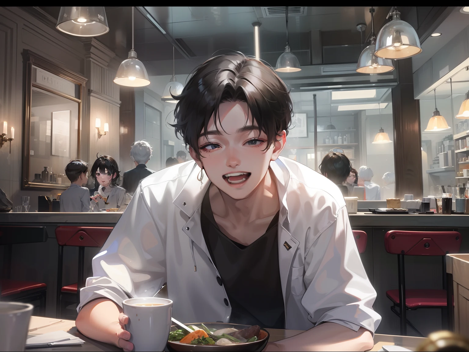 A 20-year-old boy wears white casual clothes，with short black hair，Rampant laughter，Inside the restaurant，grand master，tmasterpiece，8k wallpaper，CG，Ultra-high image quality，light and shadow effect