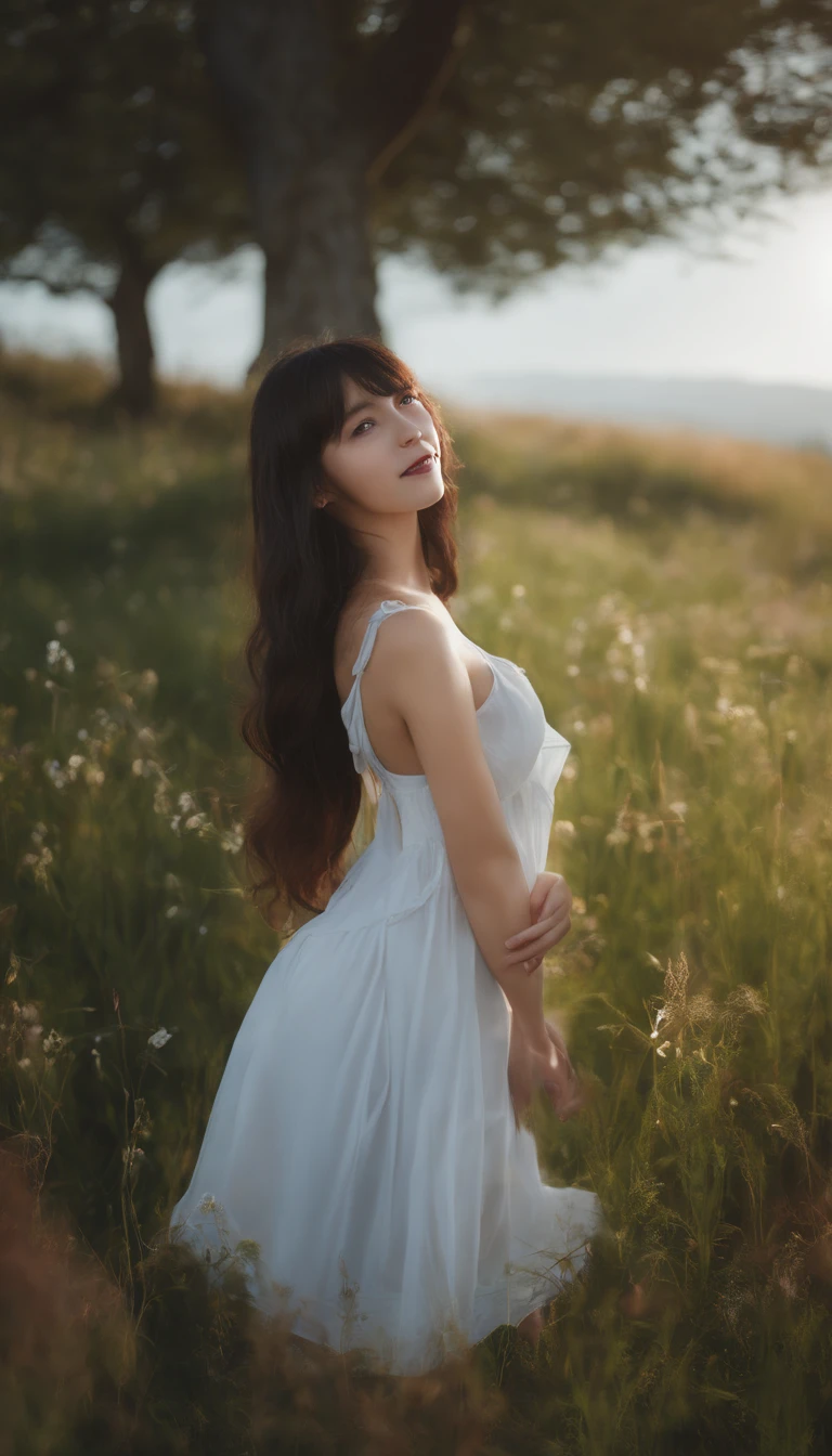{{in a meadow}}, on a hill, 1girl, long hair, blue hair, drill hair, blunt bangs, hair ribbon, light smile, hair ear, tsurime, red eyes, eyeshadow, small breasts, whitedress, bare_shoulders, black pantyhose, boots, looking up, hand_to_mouth, day, sun,