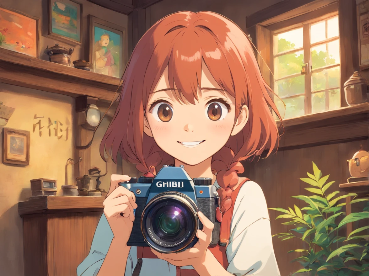 masutepiece, Best Quality, cute girl,Smiling student, SLR camera, bustup, camera