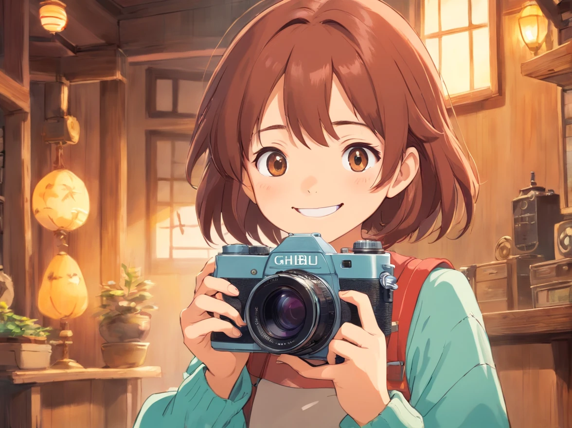 masutepiece, Best Quality, cute girl，Smiling student, SLR camera, bustup, camera