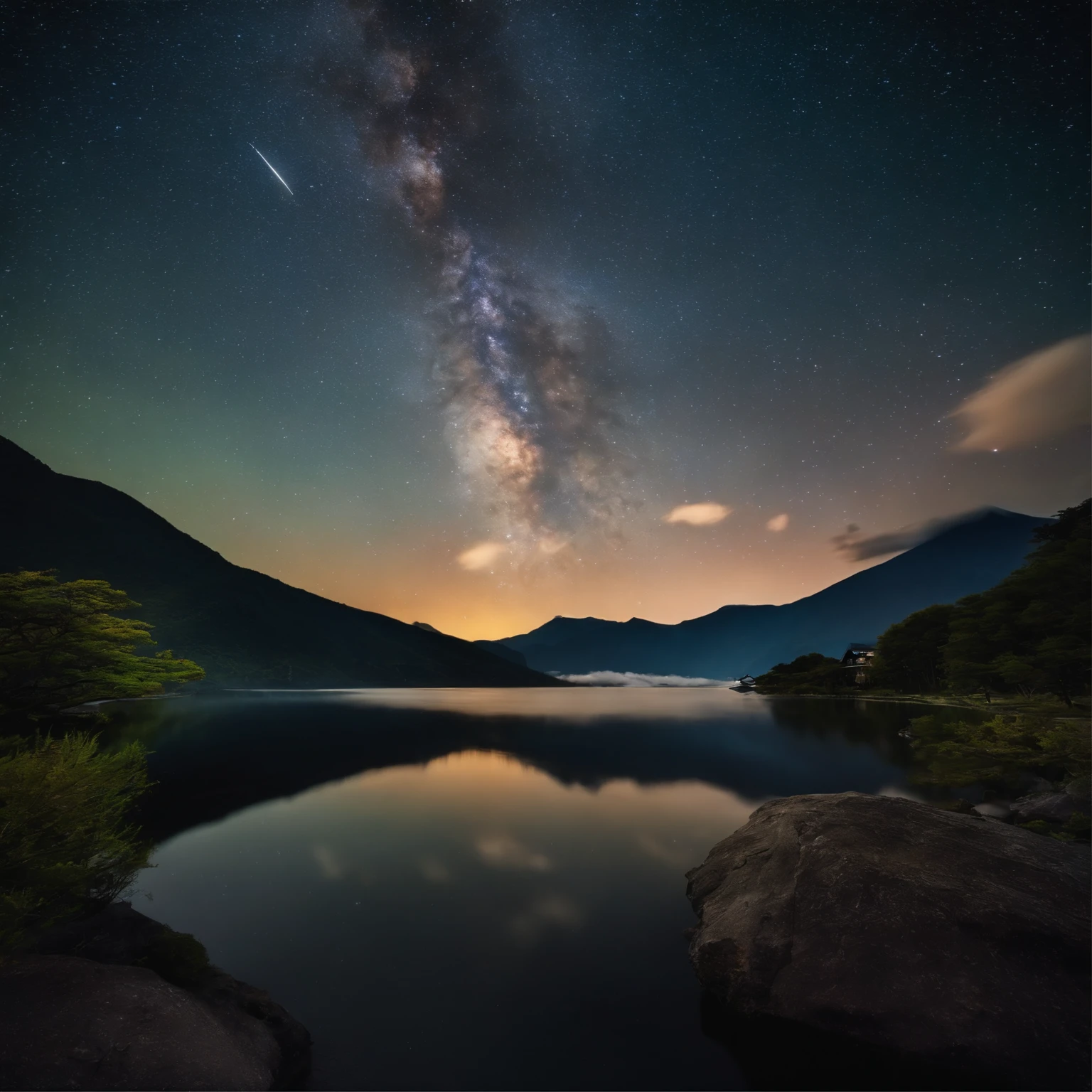 Master Parts、Superior Quality、superior image quality、The 8k quality、、Beautiful pictures of the starry sky、magnifica、Arched Milky Way:1.9、Mt fuji、lake、Valley
