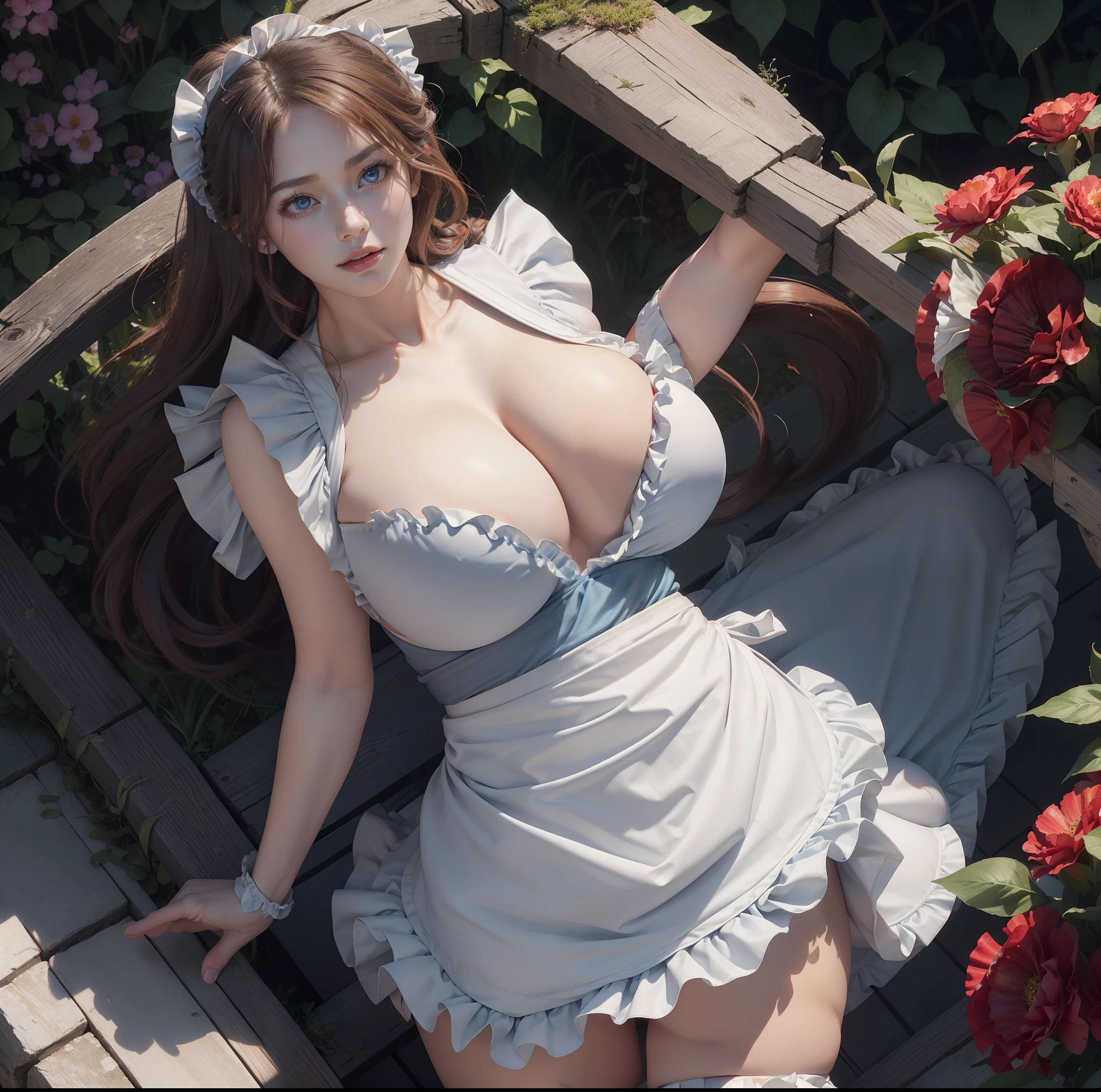 (top-quality)、 (masterpiece)、(Professional lighting with fewer shadows)、 (Bewitching)、 (A hyper-realistic)、(Stylish), (perfect anatomia)、(3People Girls、Bend over and stick your butt out towards the camera), ( Huge breasts:1.8), (Bright and even whitening skin without wrinkles and steps), (Beautiful narrowed cool blue eyes with long eyelashes and red tear bags)、 (Braided half-up hair fluttering in the wind), (The costume is naked and wearing only a ruffled apron:1.8), (To beautifully emphasize the proud super big ass、Performing a bewitching and beautiful pose with the buttocks exposed from directly behind:1.5), (detailed beautiful faces), (Shot in a garden full of flowers),