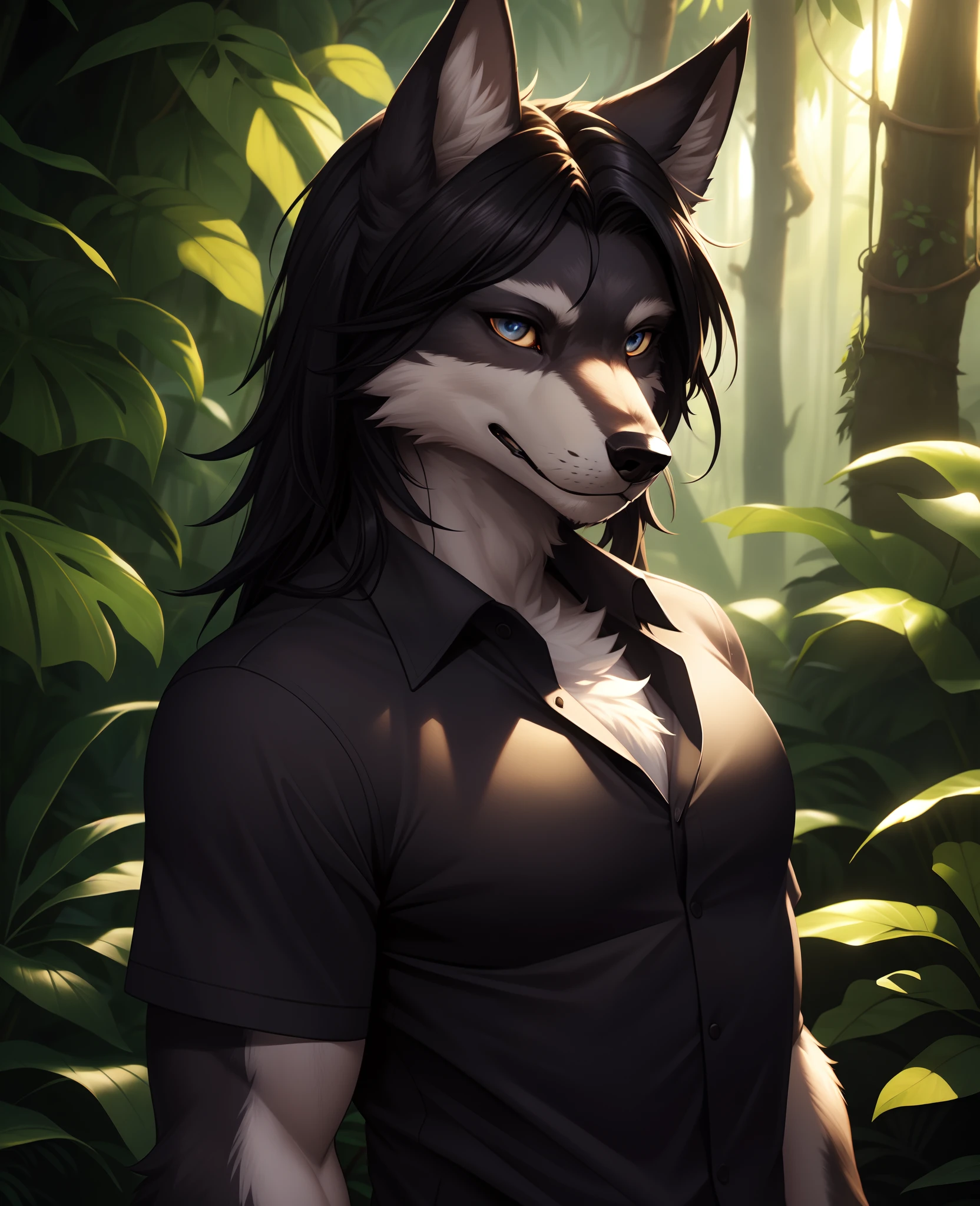 (realistic, professional photo:1.2), best quality, anthropomorphic wolf, (furry body:1.2), detailed dark fur, (detailed skin:1.2), , detailed eyes, beautiful black hair, dense jungle, shirt