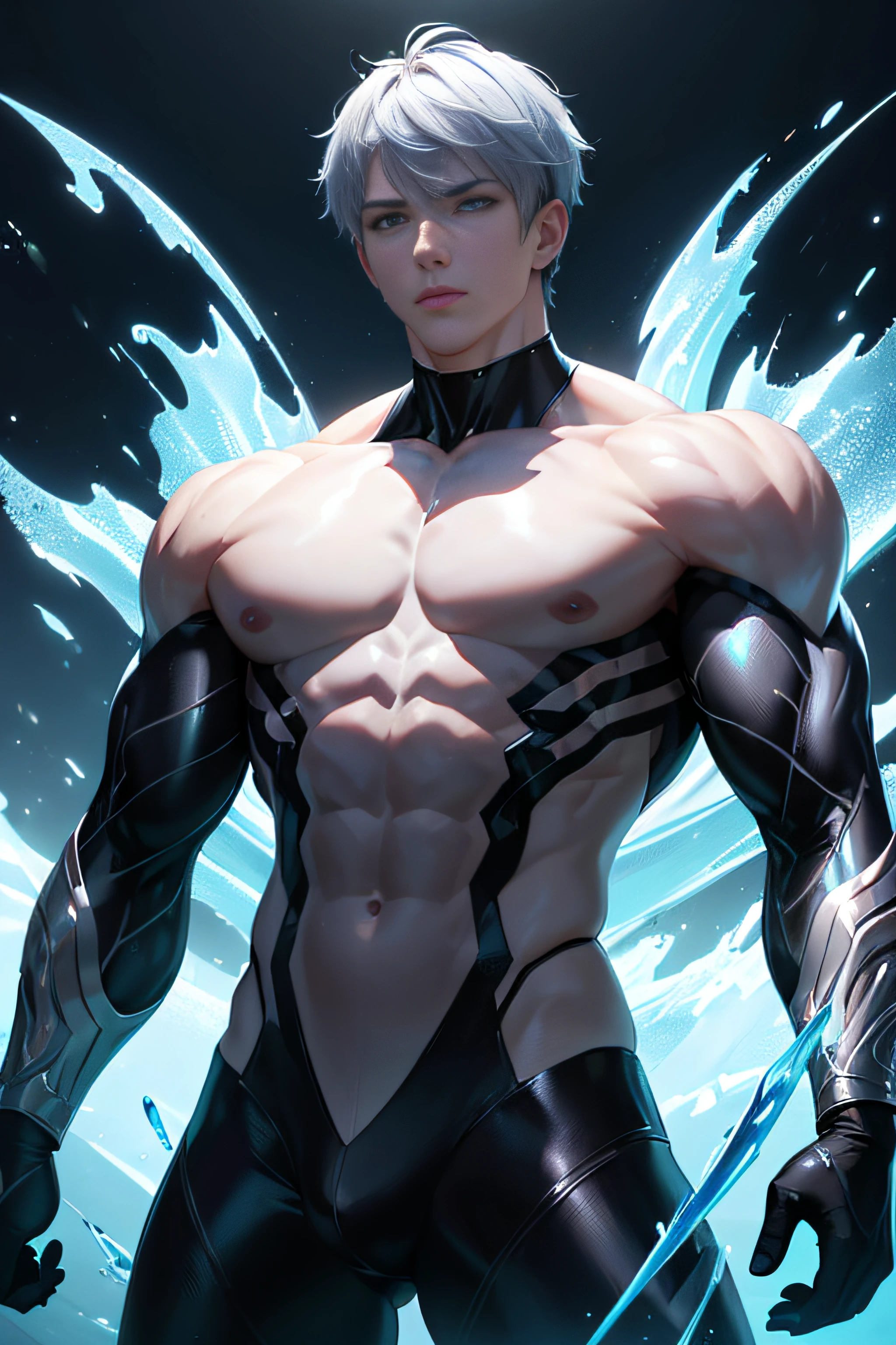 (mid_shot:1.3),(1 male:1.2),(muscle man:1.1),(frontal illumination:1.2),with a silver body and glitters with lights above,extreme iridescent reflection,in the style of vray tracing,vibrantmanga,shiny/ glossy,rococo pastel,fluid form,tinycore,fluid impressions,vray,machine aesthetics,yanjun cheng,silver,shiny eyes,fluidform.,the young warrior,male characteristics,
