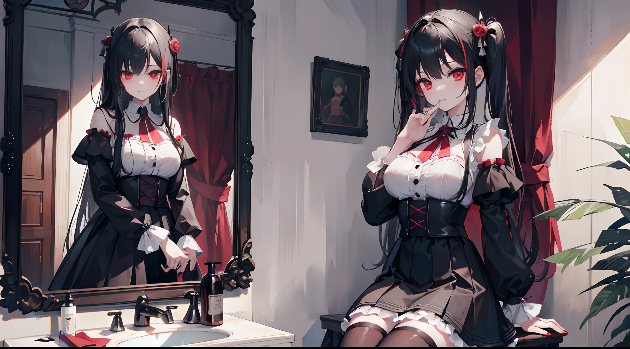 mirror on the wall(masterpiece), best quality, high resolution, extremely detailed, toilet background, cinematic lighting, outdoor, 1girl, black hair, long hair, crossed bangs, red eyes, medium breasts, black shirt, black dress, drastic hair ornaments,goth, long skirt, frills, lace rims, frilled sleeves, frilled skirt, thighhigh, ankle boots, yandere, yandere face, shaded face, crazy eyes, glowing eyes, crazy smile, blood, blood on face, blood on clothes, hands on own cheeks,