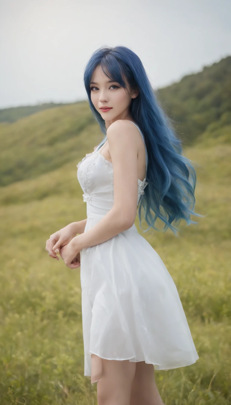 {{on a grassy field}}, On a hill, 1girll, Long hair, Blue hair, Drill hair, Blunt bangs, Hair ribbon, Light smile, hair ear, tsurime, Red eyes, eye shadows, Small breasts, white dresses, Bare_bshoulders, Black pantyhose, Boots, Looking up, hand_To_Mouth, day, Sun,