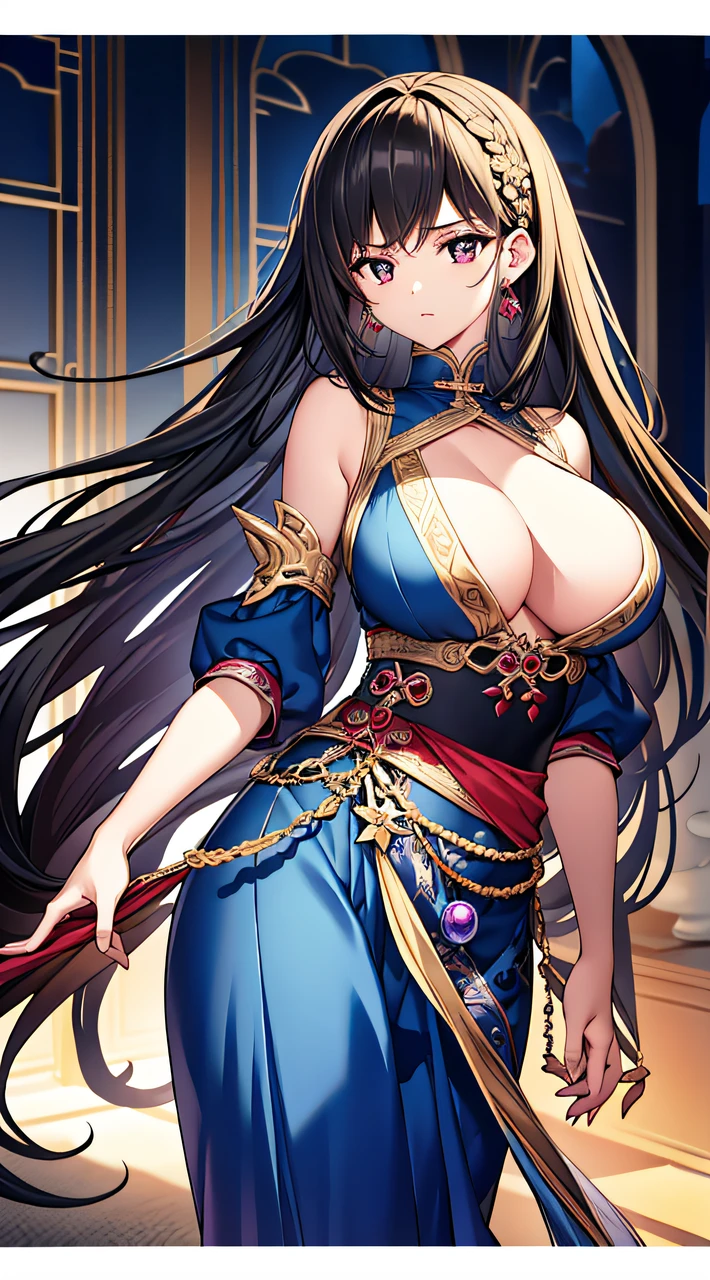 wuxia girl, princess, black hair, 1 woman only, young adult, big breasts, ((best quality)), ((masterpiece)), ( extreme detailed, highest detailed, official art, beautiful and aesthetic:1.2)