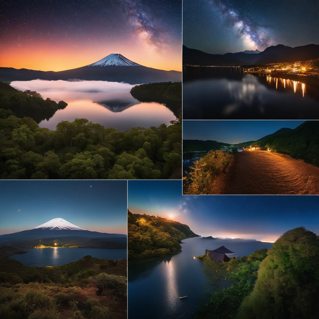 Master Parts、Superior Quality、superior image quality、The 8k quality、、Beautiful pictures of the starry sky、magnifica、Arched Milky Way:1.9、Mt fuji、lake、Valley