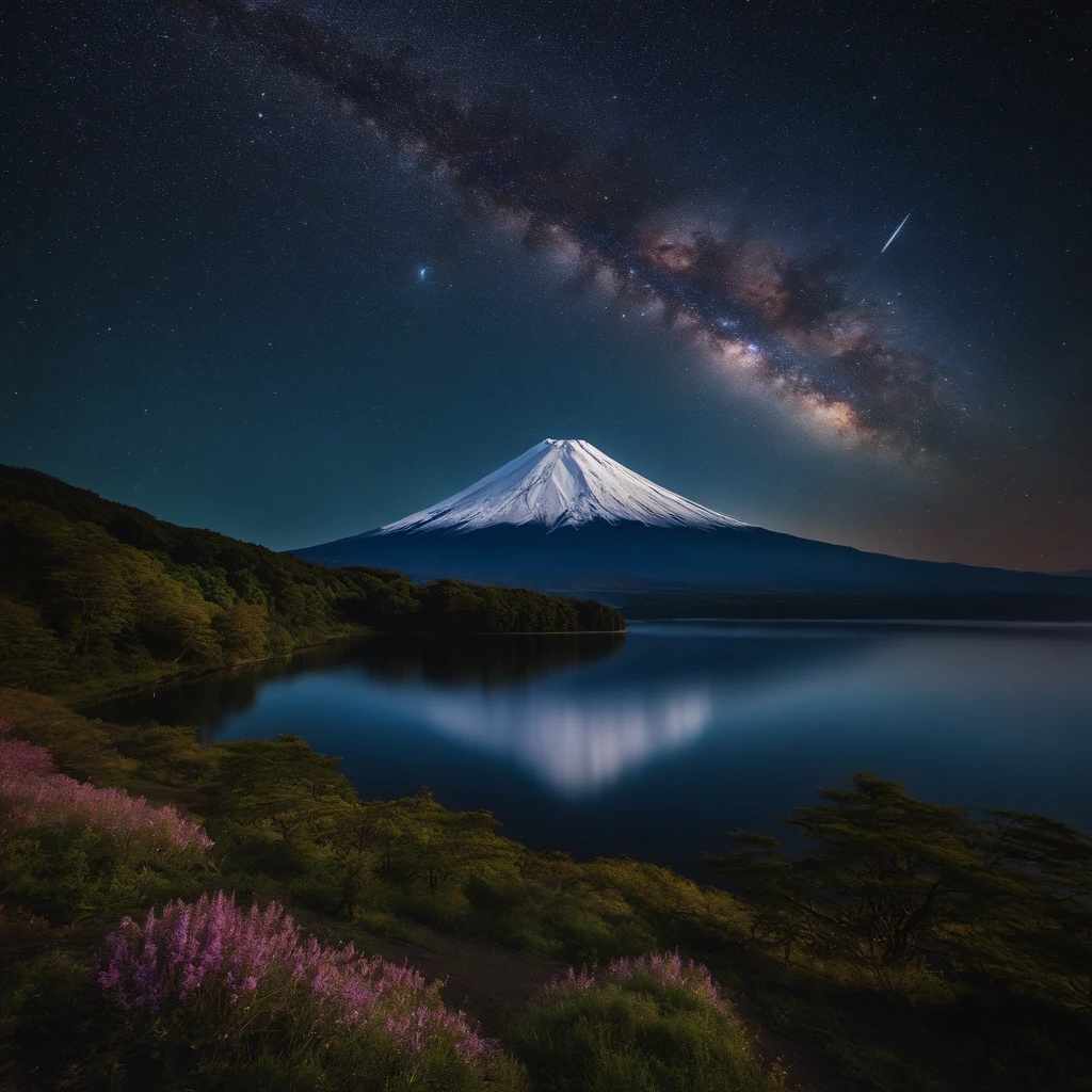 Master Parts、Superior Quality、superior image quality、The 8k quality、、Beautiful pictures of the starry sky、magnifica、Arched Milky Way:1.9、Mt fuji、lake、Valley