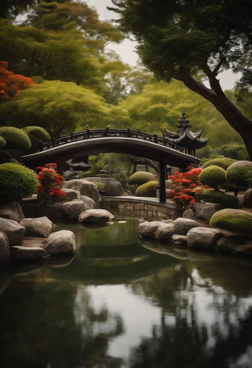 A serene Chinese garden with a small stone bridge over a koi pond