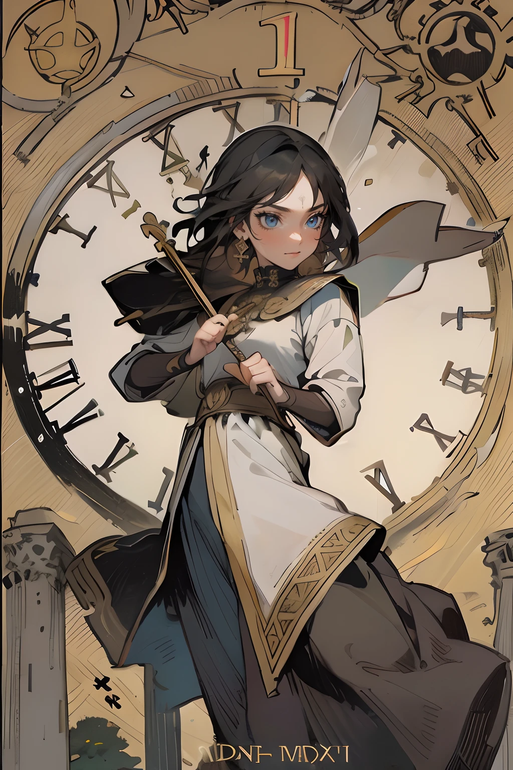 tarot card, 1girl, roman numeral, caption