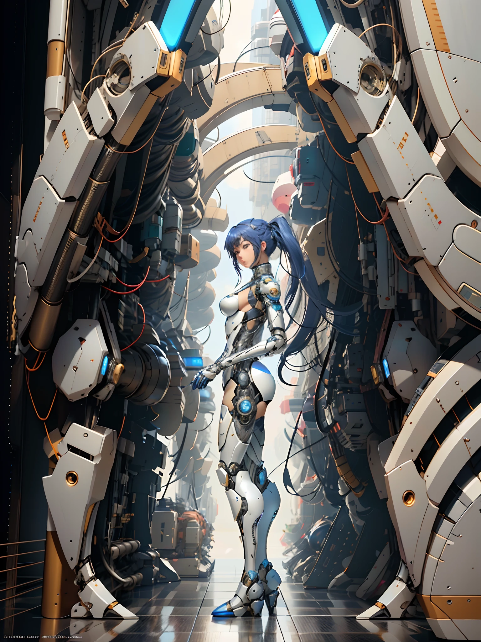 Close-up of a man wearing a blue and white design tights, gynoid cyborg body, female mecha, perfect anime cyborg woman, Biomechanical OPPAI, cyborg tech on body and legs, girl in mecha cyber armor, mech body, Beautiful white girl cyborg, Mecha suit, Beautiful robot character design, diverse cybersuits