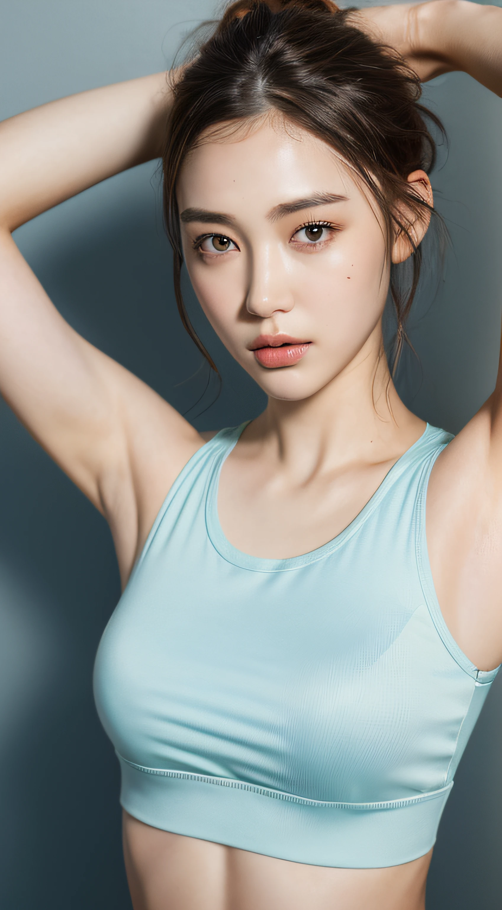 ((Best quality, 8k, Masterpiece :1.3)), 1girl, Pretty woman with emphasizing slender abs :1.3, (random hairstyles :1.2), Oversized tank top :1.2, Ultra-detailed face, Detailed eyes, Double eyelid, armpit