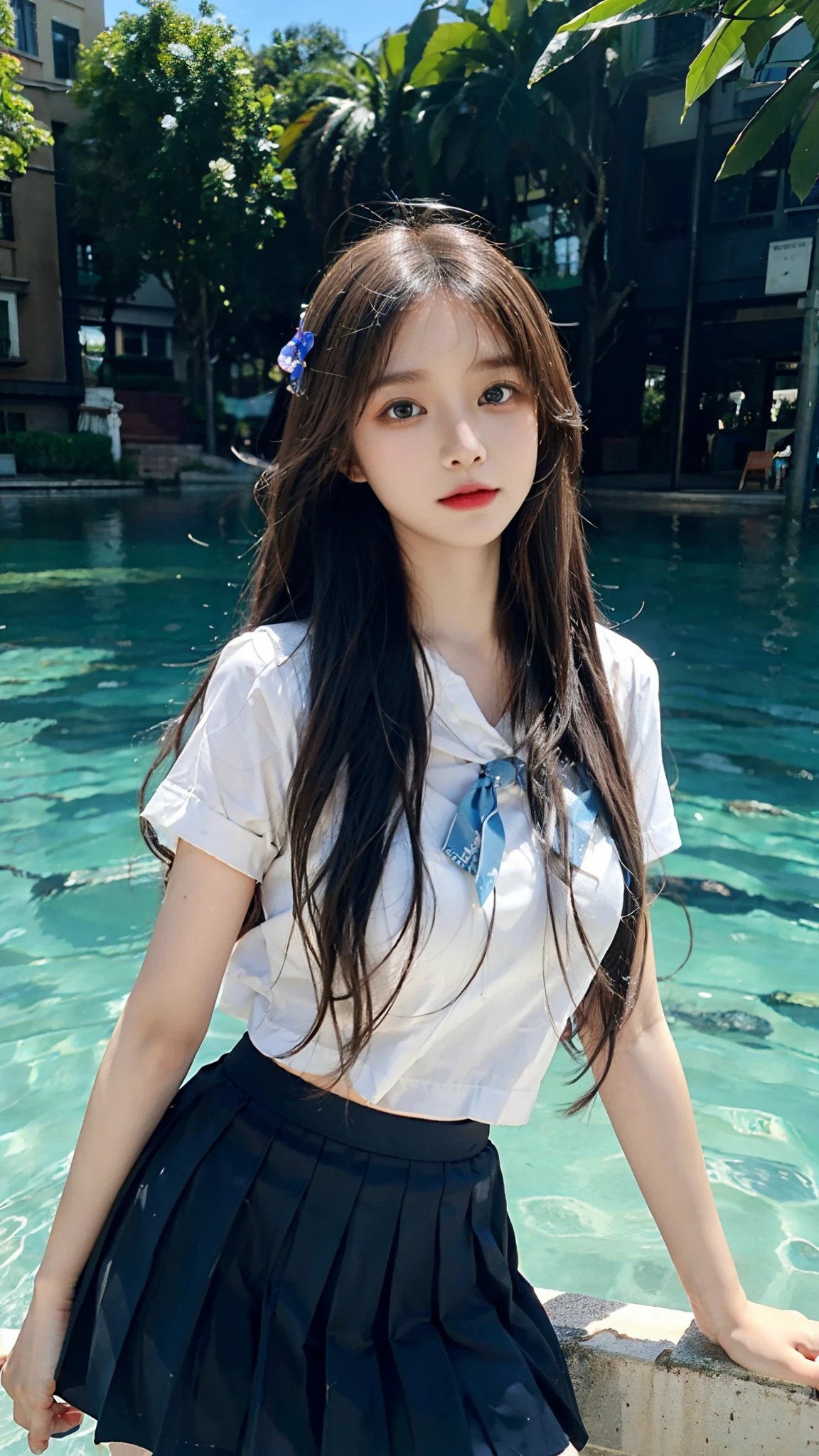 Masterpiece, Best quality, 1girll, , hair, Blue eyes,Very long hair, hair flower, school uniform, brown uniform, brown Mini skirt, cheerfulness, Amazing, Beautiful detailed eyes, finedetail, Depth of field, Extremely detailed CG, Original, Outdoors, soaking wet, Knees under water, beautiful detailed water, Beautiful detailed sky, fluttered detailed splashs, author, Colorful, hdr, colorful refraction, inematic lighting, attractive pose, upper body capture,