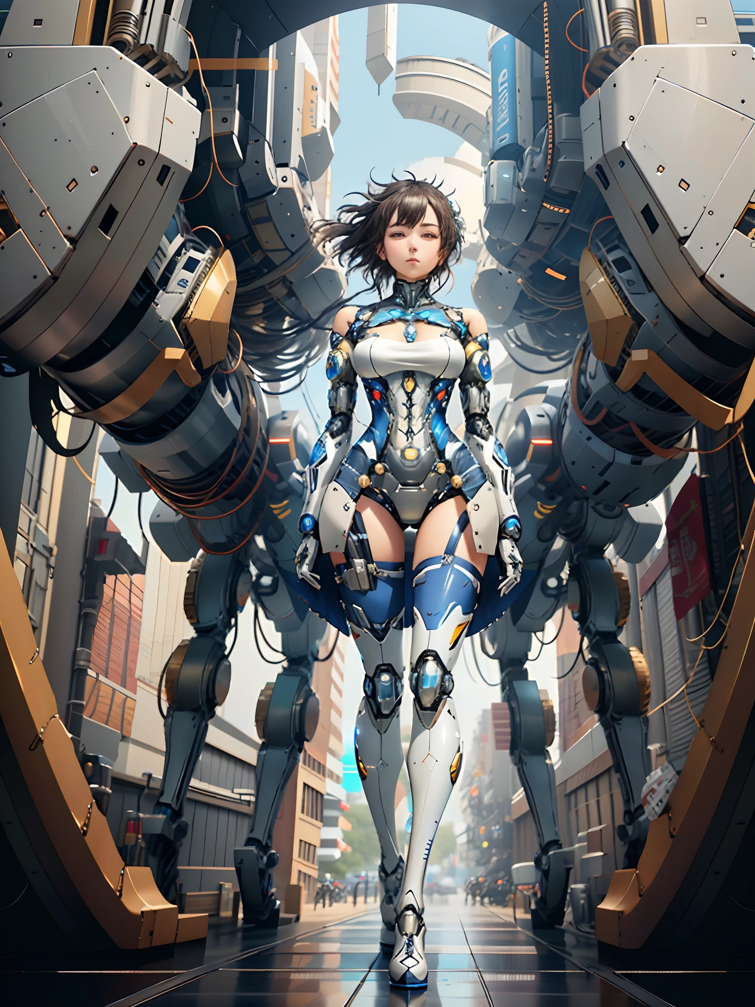 Close-up of a man wearing a blue and white design tights, gynoid cyborg body, female mecha, perfect anime cyborg woman, Biomechanical OPPAI, cyborg tech on body and legs, girl in mecha cyber armor, mech body, Beautiful white girl cyborg, Mecha suit, Beautiful robot character design, diverse cybersuits