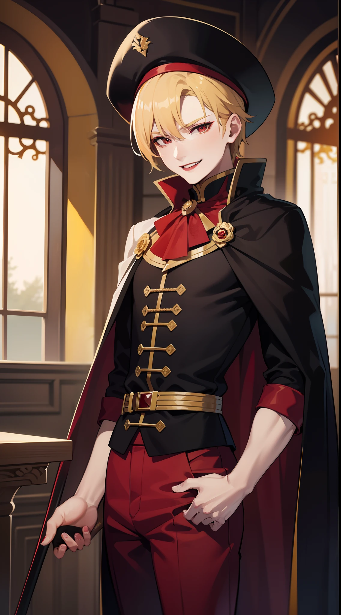 young boy, longue blonde hair, Heteroromy, smirk, red lipstick, red and yellow, red fluffy shirt, black tight pants, Dark purple cape, cane, Masterpiece, hiquality, higly detailed, HD, 4k