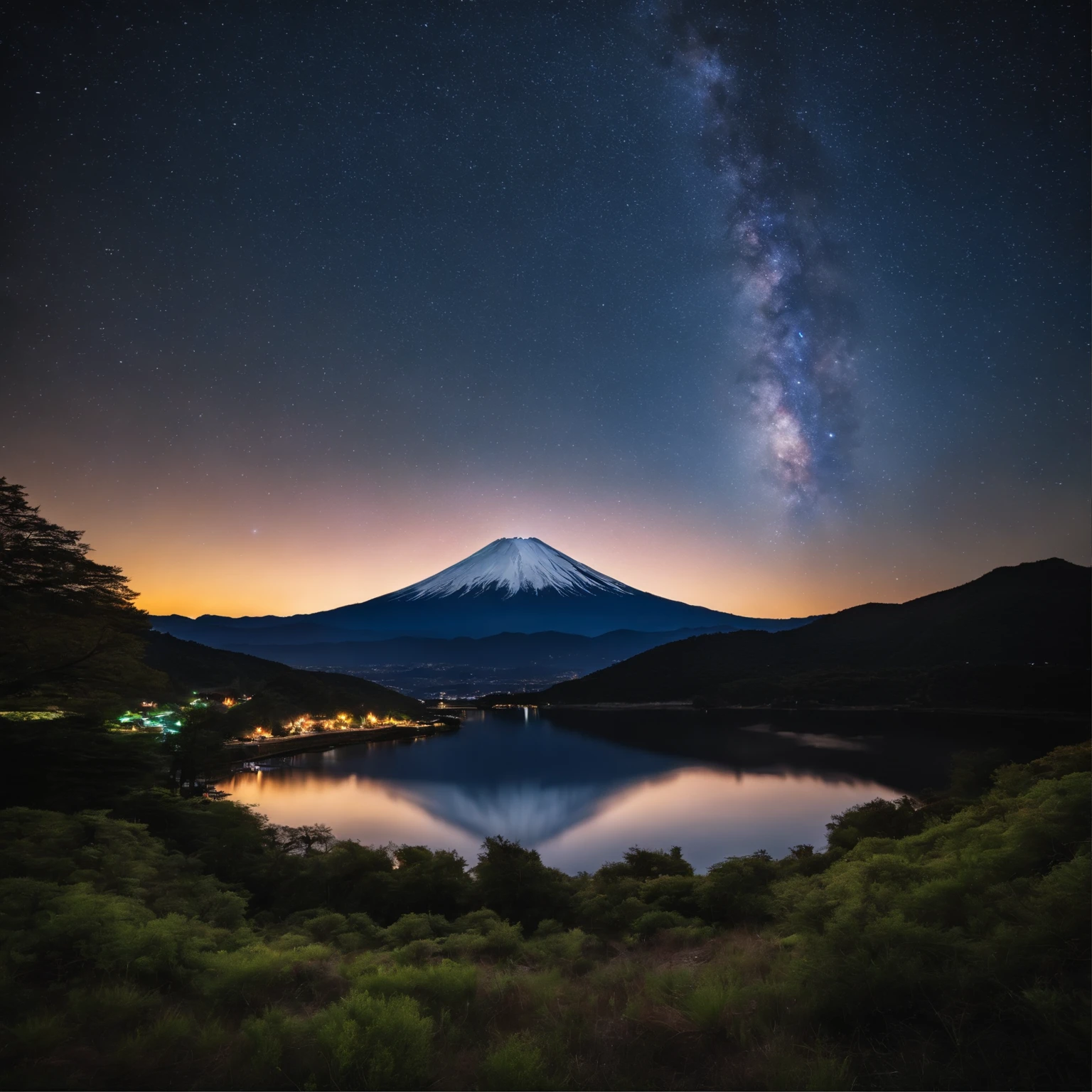 Master Parts、Superior Quality、superior image quality、The 8k quality、、Beautiful pictures of the starry sky、magnifica、Arched Milky Way:1.9、Mt fuji、lake、Valley