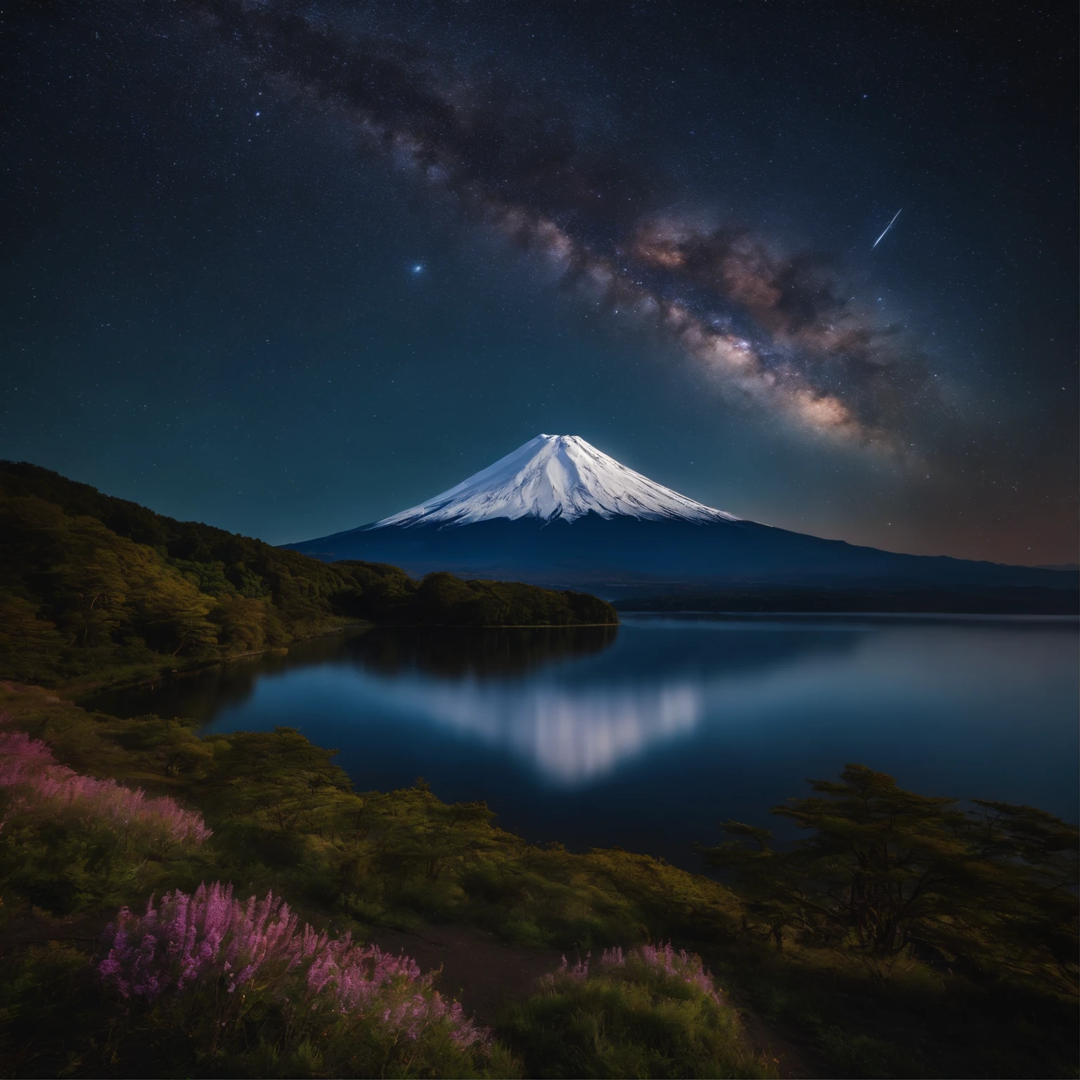 Master Parts、Superior Quality、superior image quality、The 8k quality、、Beautiful pictures of the starry sky、magnifica、Arched Milky Way:1.9、Mt fuji、lake、Valley