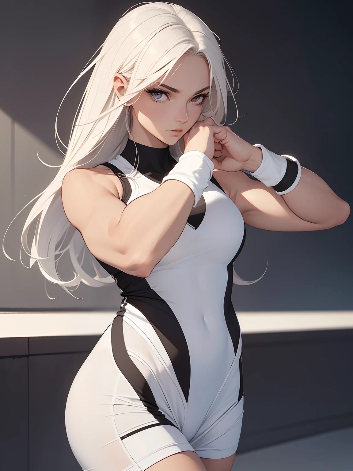 Furious Female boxer lifting the hands in clinch posture, wearing boxing gloves, punching the camera, makeup, mascara, Lips are subdued or colors, Minimalism, monotone, simple color palettes, Clean, sharp designs, flowing silhouettes, sports clothes, fighting clothes, high-waisted short, simple dresses, shirts, pants and blouses, asymmetrical, geometric, Elegant and luxurious materials and designs, Simple, minimal accessories, Distinctive designs, simple silhouettes, chic and mature impression, simple and sophisticated style, elegance, minimalism, high quality materials, cool and urban impression, high fashion, , simplicity and sophistication,