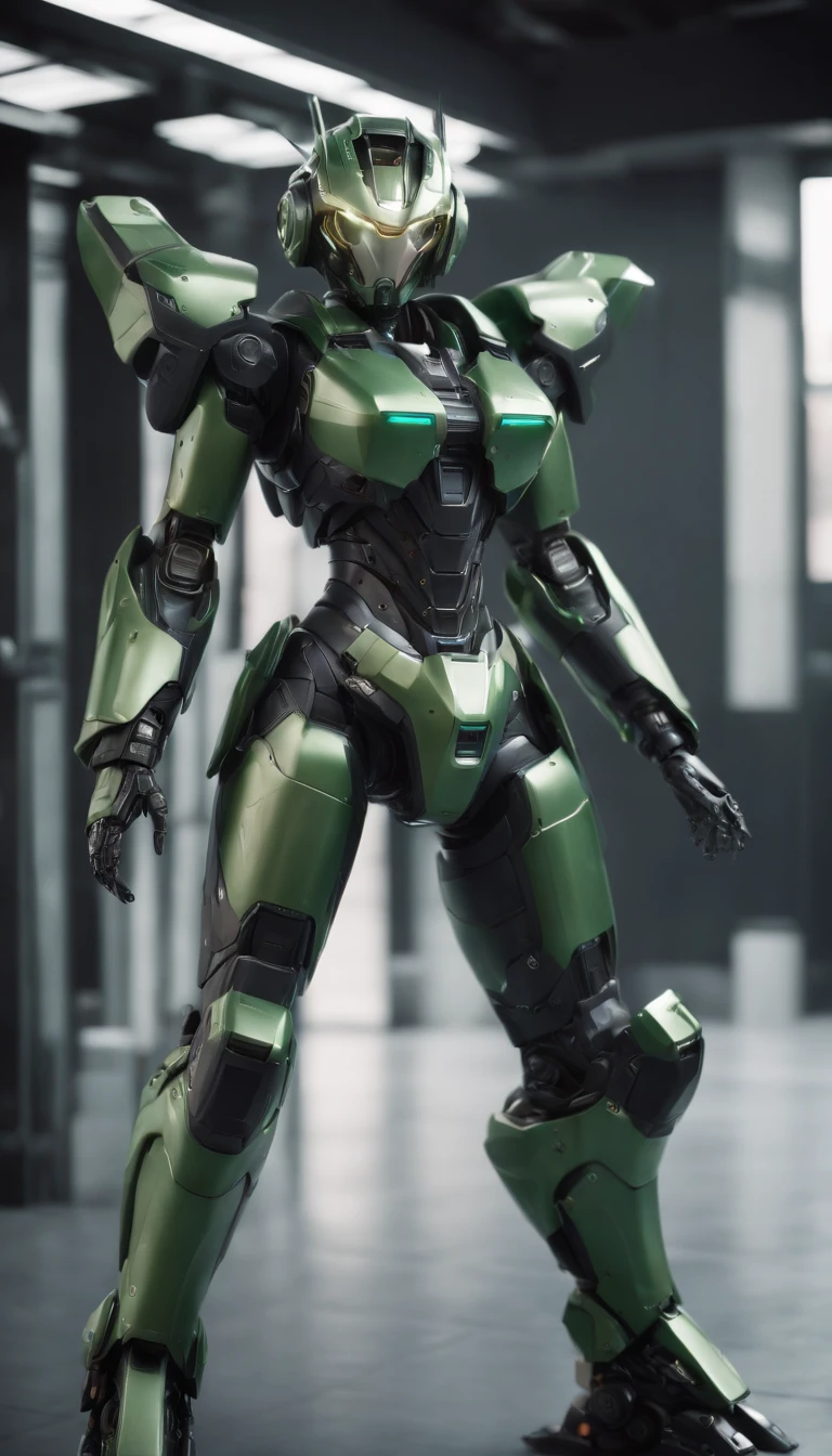 CGI artwork，Mecha female mecha, mecha asthetic, girl in mecha cyber armor, cool mecha style, beautiful full-body concept art, modern mecha anime, Mechanized Valkyrie girl, pristine concept art, White background，Reflective floor,( Mirrored textured flooring: 1.0),(Close up: 1.0) (Dim tones: 1.5), lens_flare, film_composition, film_lighting (Don't look at the camera: 1.4) (looks away: 1.4) Solo (Full body shot: 1.0)Top light source.(Black and green color scheme:1.4)