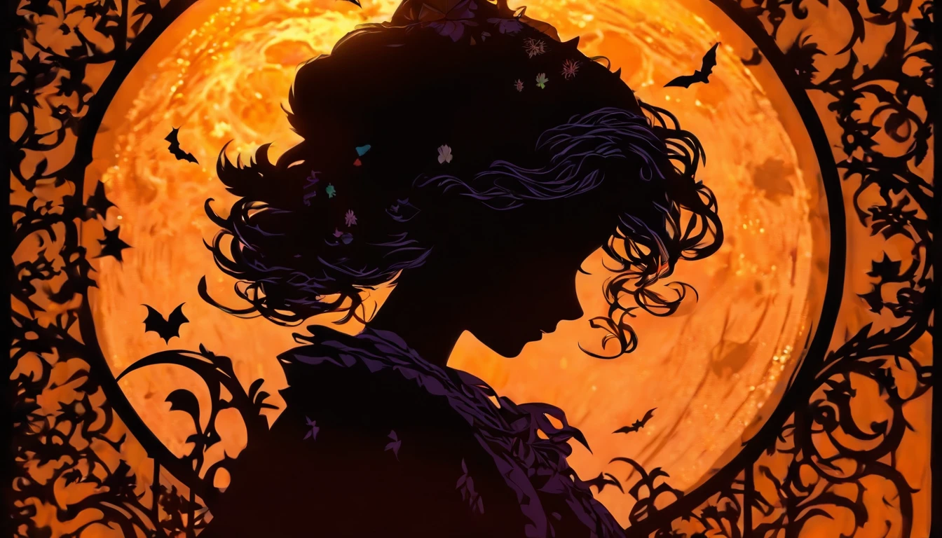 (Silhouette Art,cutouts:1.6)
(((Paper cutting art,A world where only black exists:1.3)

(Cowboy Shot),1 girl,Solo,
(Girl in a witch's hat,profile:1.2),white, Clear and beautiful face,The Moon Behind、Jack-o'-lantern、Bats

break
(Yellow Moon)
Textured glass background,Tarot card atmosphere