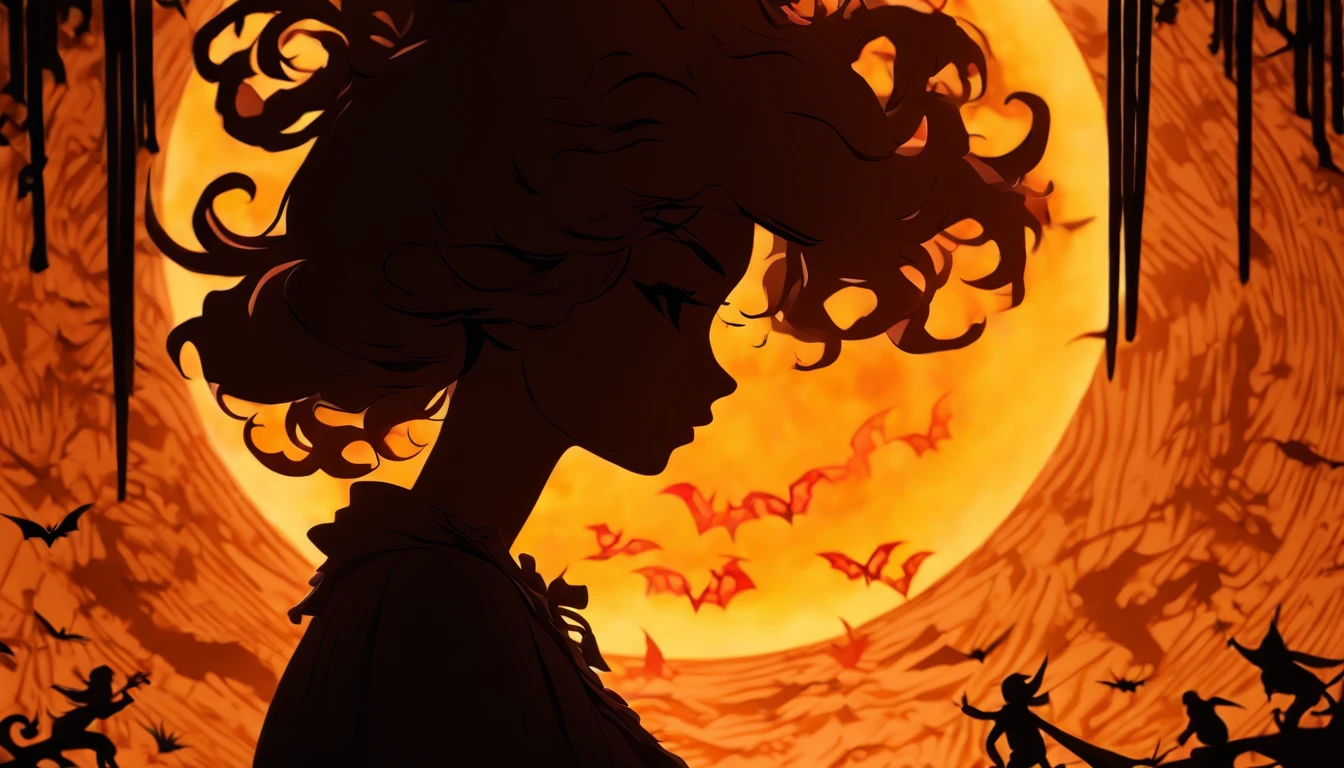 (Silhouette Art,cutouts:1.6)
(((Paper cutting art,A world where only black exists:1.3)
(Cowboy Shot),1 girl,Solo,
(Girl in a witch's hat,profile:1.2),white, Clear and beautiful face,The Moon Behind、Jack-o'-lantern、Bats
break
(Yellow Moon)
Textured glass background,Tarot card atmosphere
