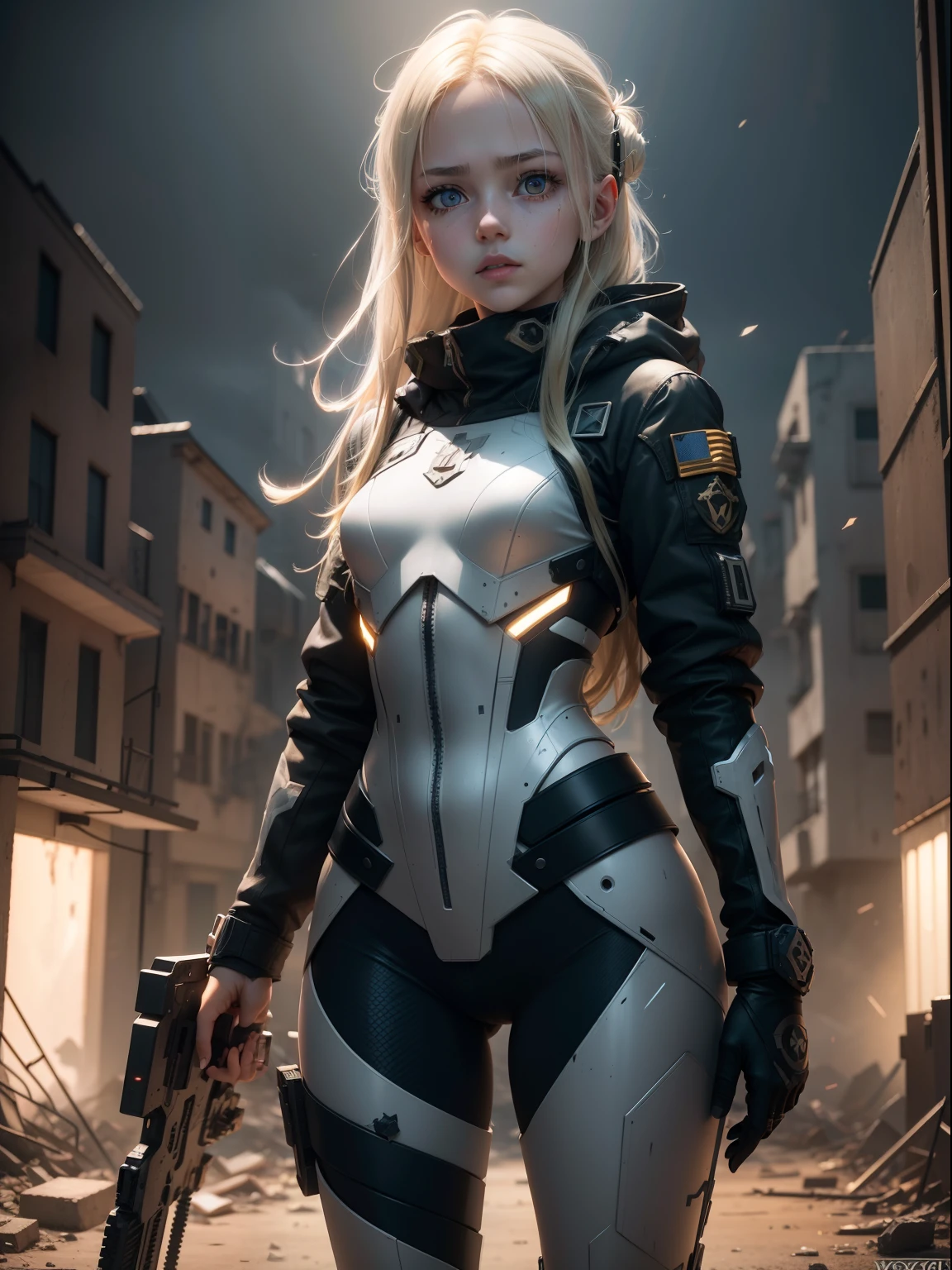 Destroyed towns,3 Ukrainian girls , Ukrainian anime girls , , Ukraine , Full body composition of young girl with messy bright blonde hair, eye make up, , Soft lighting, Solo, Old torn dirty shabby futuristic military uniform, badges, Pose, Blotch color, Octane Render, Hyperrealistic intricate detail, Cinematic, 8K resolution, 70mm, Accent Lighting, Global Illumination, Full body portrait, clean detailed faces, intricate clothing, Cute face, flat chest, Slim waist, Slim legs, small hips,Steel exoskeleton combat suit,Combat helmet,Holding a handgun,Long jacket,cloaks,