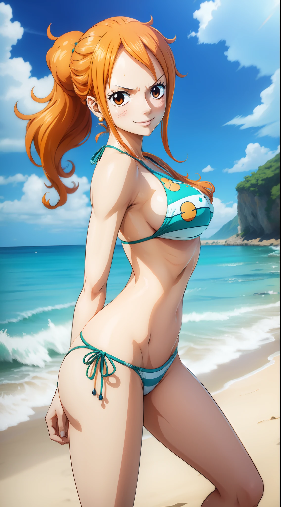 anime art style,nami from One Piece,brown eyes,orange long ponytail hair,blushing,playful expression,dynamic pose,wearing bikini, standing on the beach,sparkling blue seawater, vibrant colours.