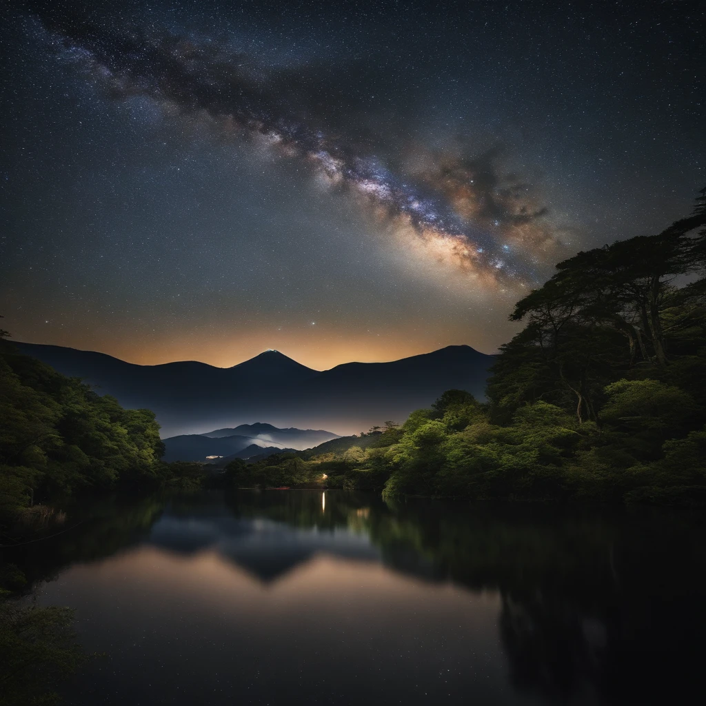 Master Parts、Superior Quality、superior image quality、The 8k quality、、Beautiful pictures of the starry sky、magnifica、Arched Milky Way:1.9、The Milky Way lying above Mt. Fuji:1.9、lake、Valley