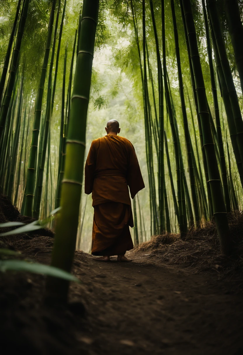 The monk stands amidst towering bamboo stalks.