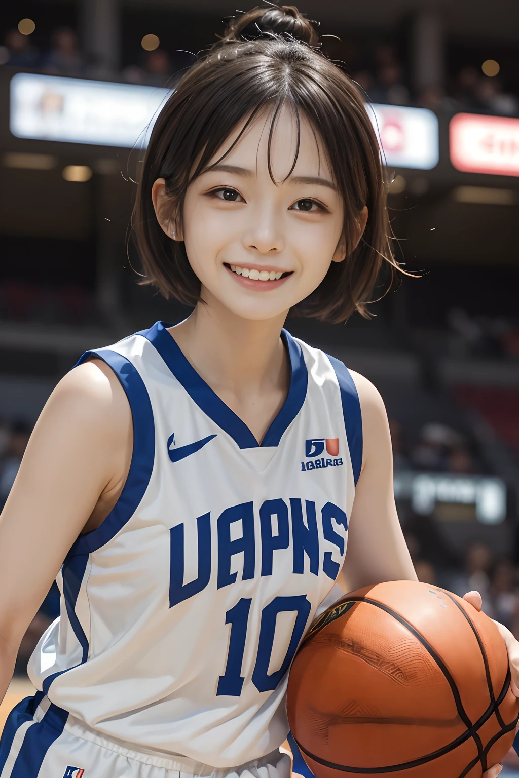 8K,Bal basketball player、A Japanese Lady、Japan Team、Smile full of happiness、((Looks happy:1.3))、Panting face、Lacking、Sweating、Expression in a state of excitement、short-hair、eye glass、8K,Basketball player、A Japanese Lady、Japan Team