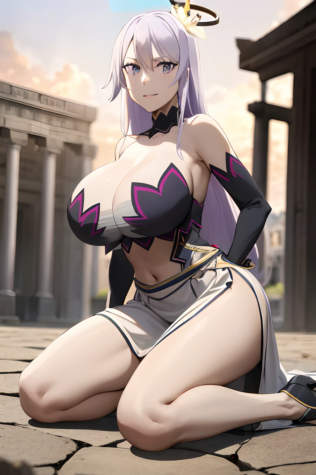 masterpiece, ((royal dressed)), ((wing)), halo, (best quality), (solo), 1girl, reona, silver hair, purple hair , (long skirt), long hair, purple eyes, sexy woman, hair between eyes, hair ornament, vibrant colors , natural lighting, RTX, (huge tits), (detailed face:1.2), (perfect eyes:1.1) ,(photorealistic:1.1), 8k uhd, looking a viewer, outdoors, simple backround, smile, (full body), ((straddled), temple ruins, cleavage