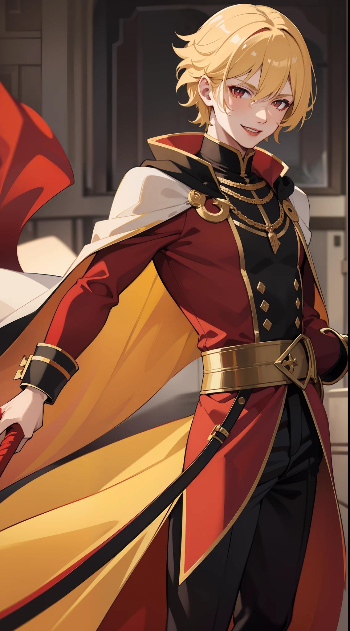 young boy, longue blonde hair, Heteroromy, smirk, red lipstick, red and yellow, red fluffy shirt, black tight pants, Dark purple cape, cane, Masterpiece, hiquality, higly detailed, HD, 4k
