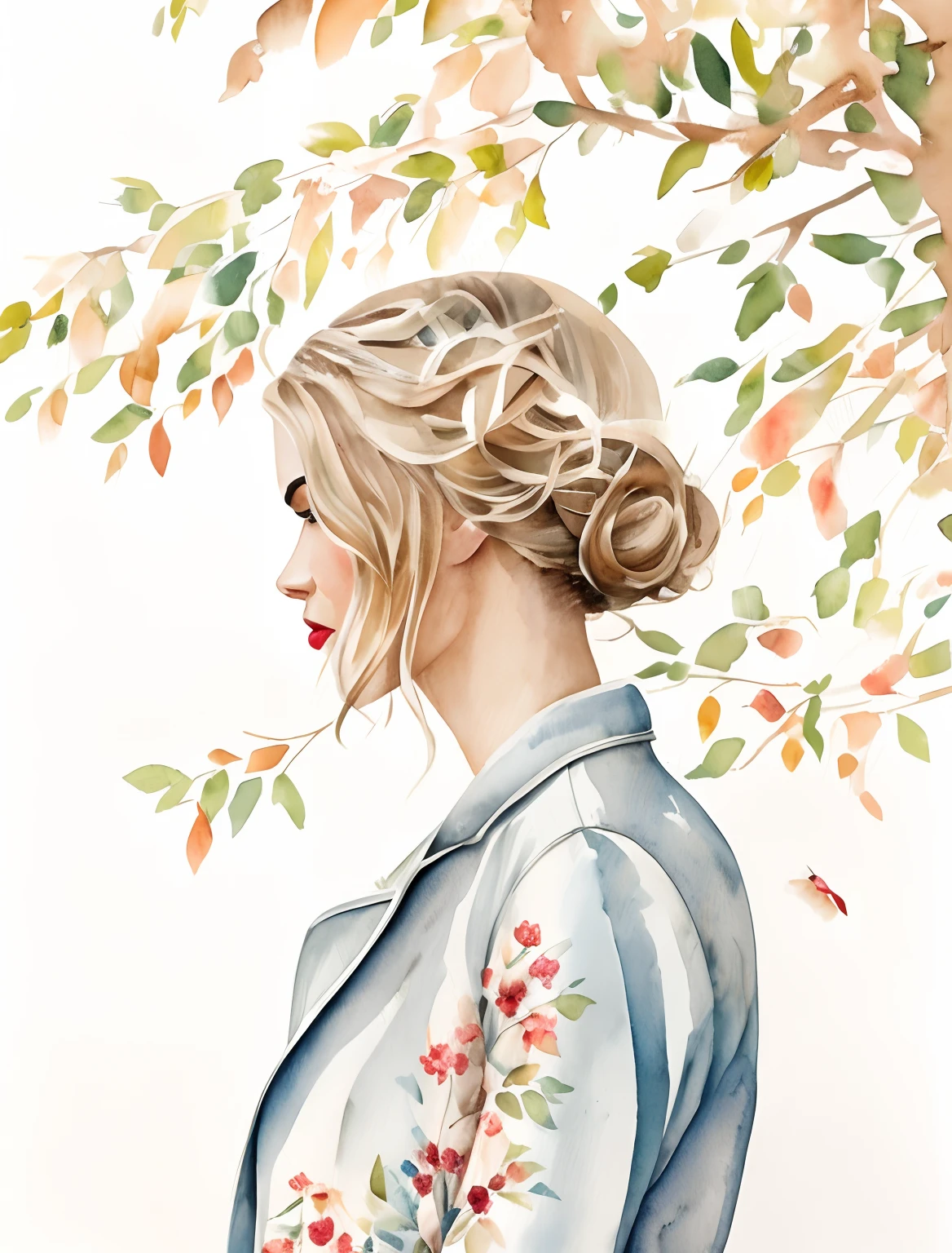 Kelly smith watercolor art Blonde Woman thin hair, french bob, gray blue eyes, beautiful eyes, red lipstick, andreea diaconu, face profile, peach beige dress, jacket, windy, green tree, summer, fantasy, artistic brushstrokes
