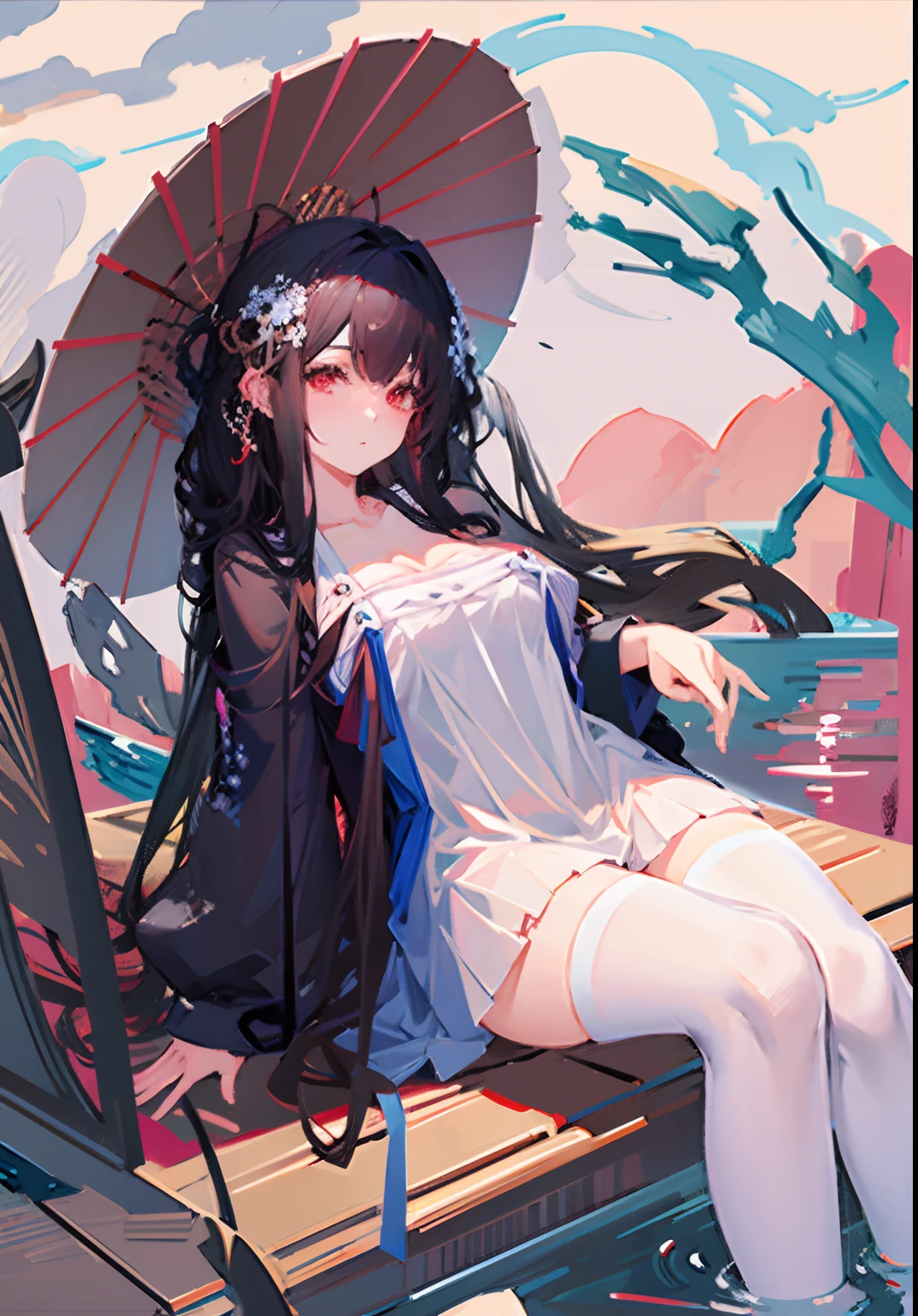 anime girl sitting on a boat with an umbrella in the water, guweiz, artwork in the style of guweiz, beautiful anime artwork, guweiz on pixiv artstation, guweiz masterpiece, guweiz on artstation pixiv, 奈良美智, by Yang J, beautiful anime art