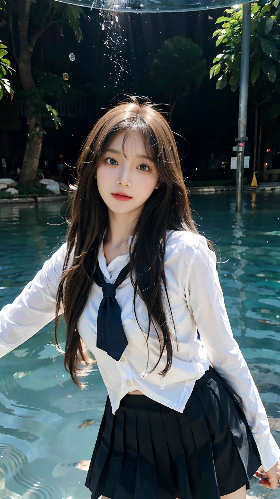 Masterpiece, Best quality, 1girll, Loli, hair, Blue eyes,Very long hair, hair flower, school uniform, brown uniform, brown Mini skirt, cheerfulness, Amazing, Beautiful detailed eyes, finedetail, Depth of field, Extremely detailed CG, Original, Outdoors, soaking wet, Knees under water, beautiful detailed water, Beautiful detailed sky, fluttered detailed splashs, author, Colorful, hdr, colorful refraction, inematic lighting, attractive pose, upper body capture,