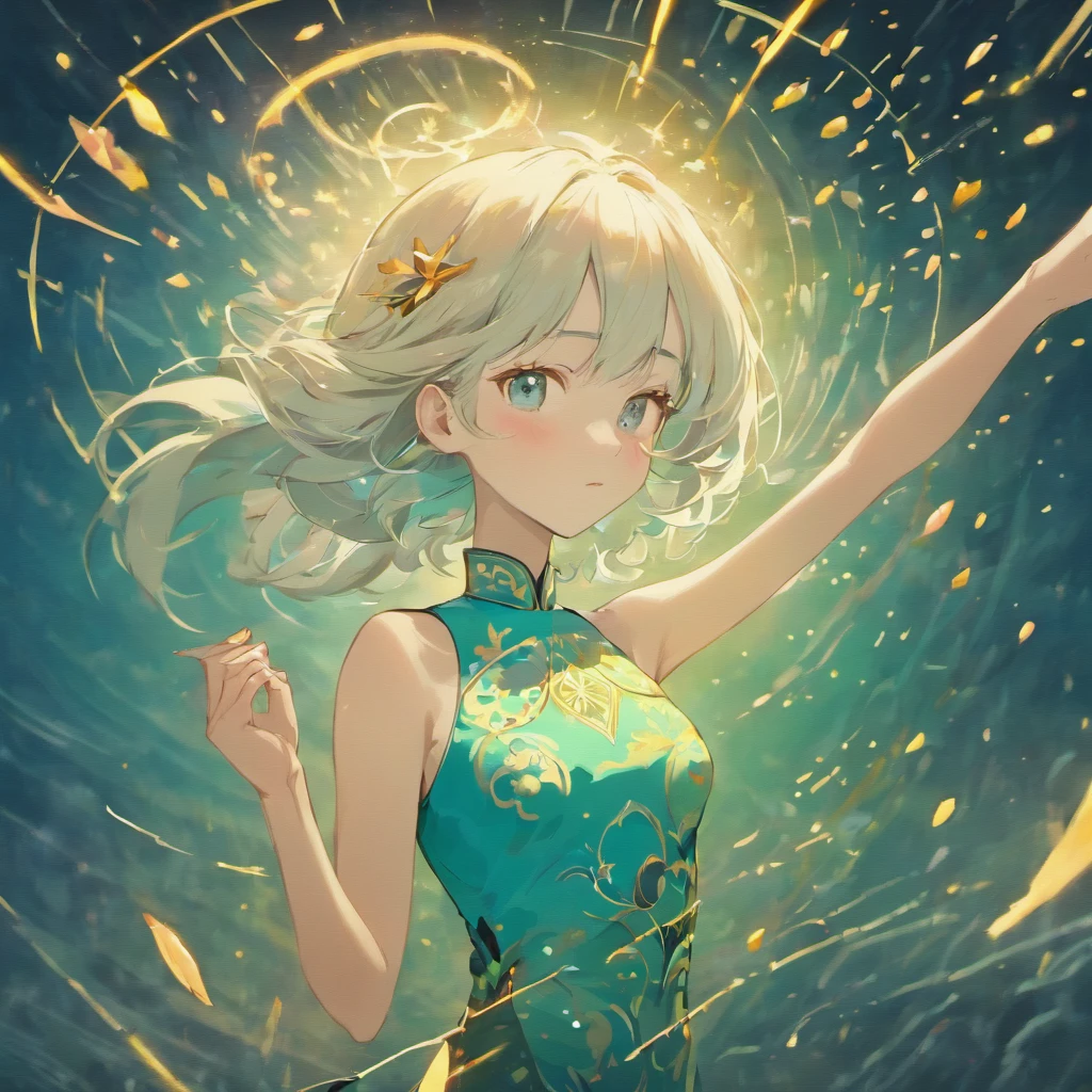 (Best quality,8K resolution,Masterpiece:1.2),A woman with white hair in a turquoise cheongsam dress, voluptuous figure, surrounded by fireflies, Set against the starry night sky and lakeside, Sharp lines, Enhanced detail, Detailed facial features, Front view